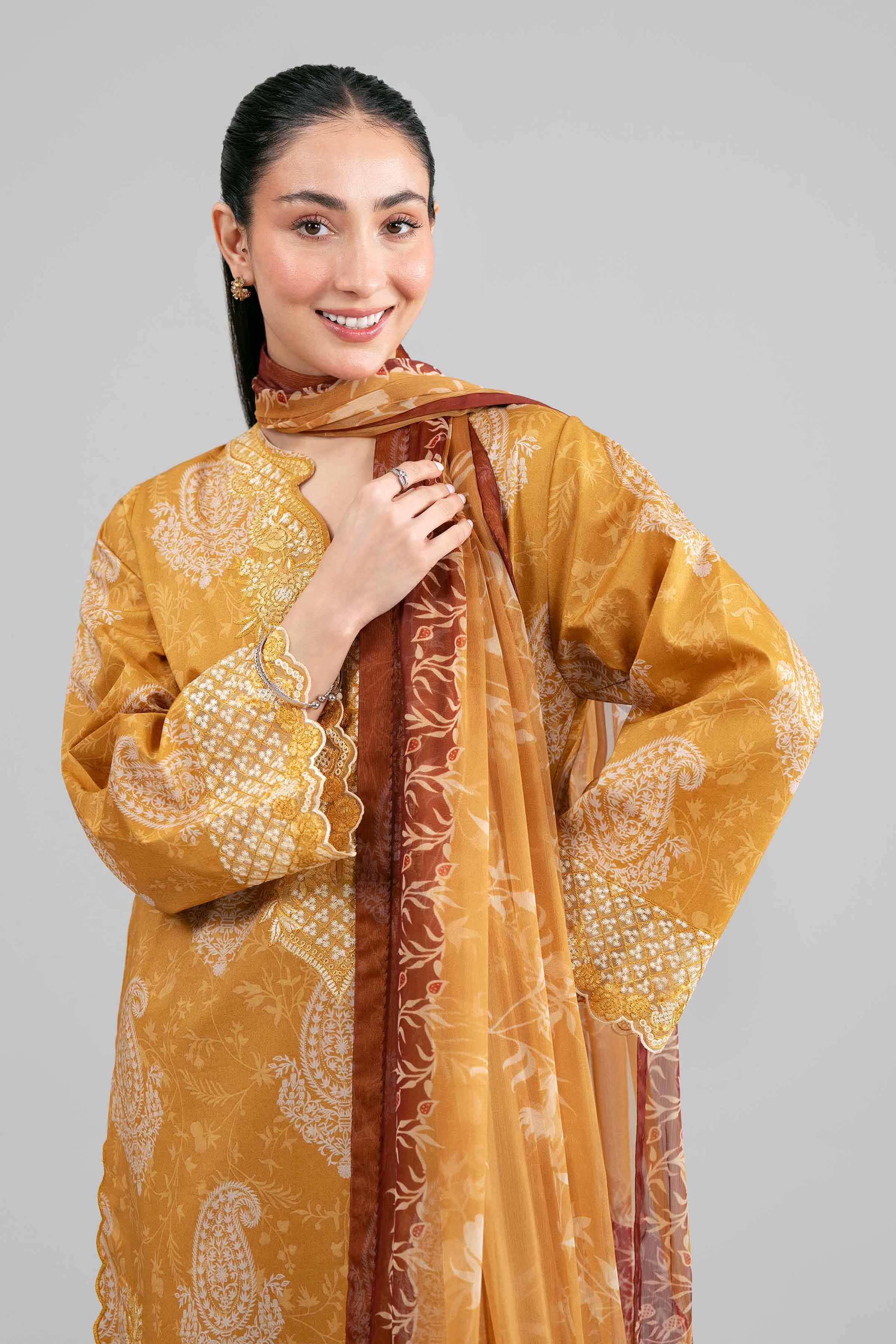 3 Piece - Digital Printed Embroidered Suit - 42601564 Yellow Lawn 3PC Embroidered Summer