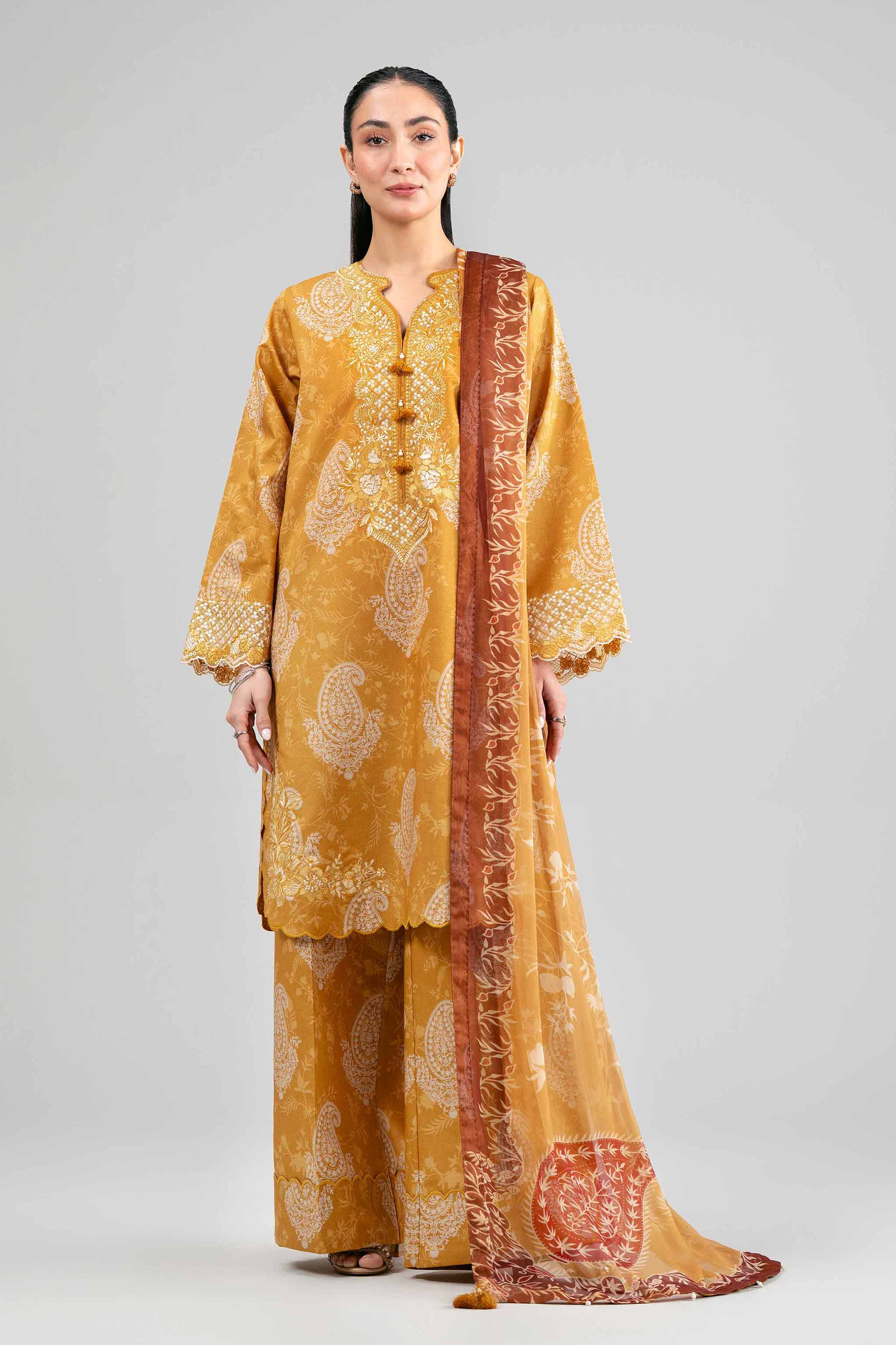 3 Piece - Digital Printed Embroidered Suit - 42601564 Yellow Lawn 3PC Embroidered Summer