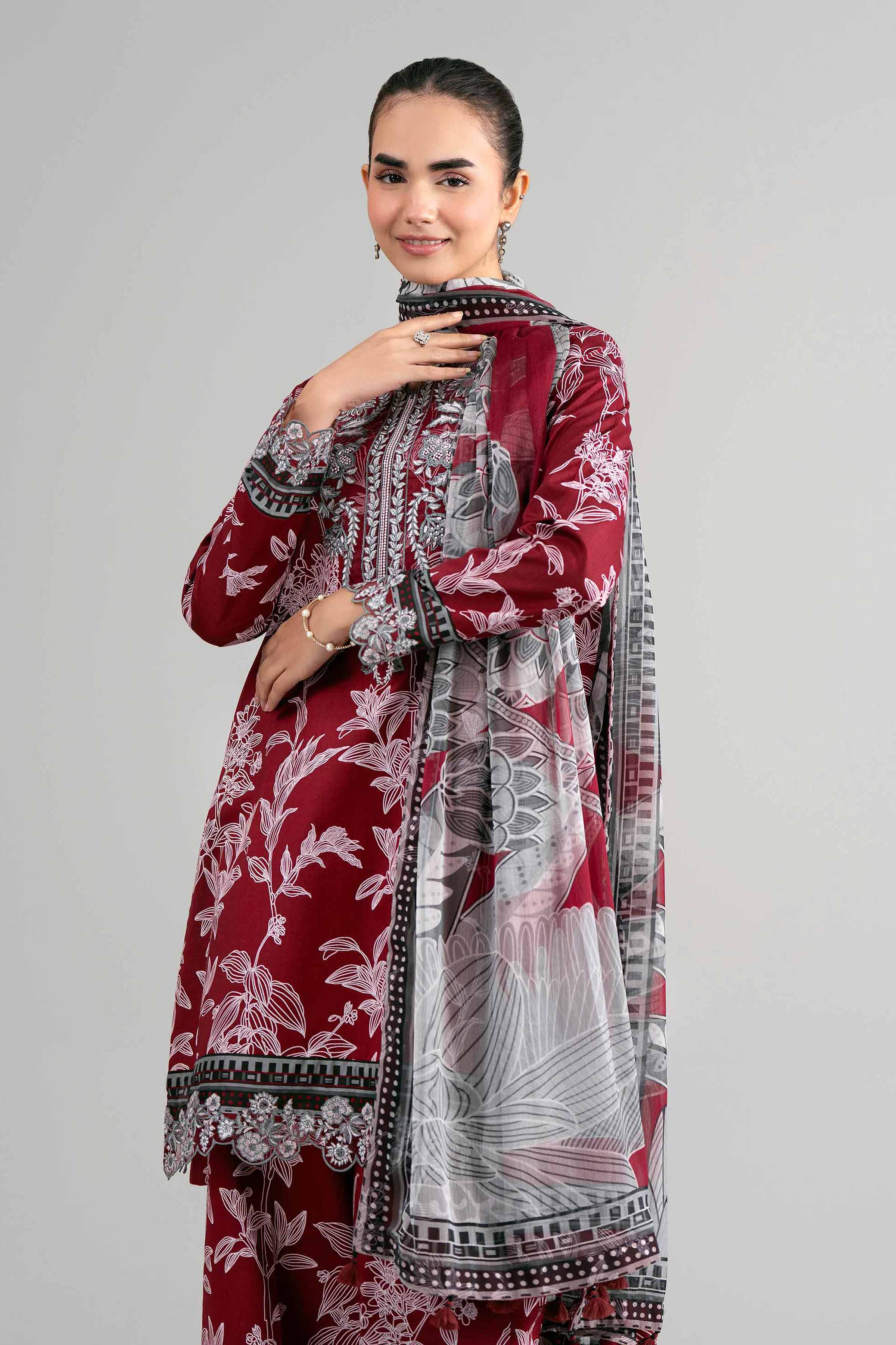 3 Piece - Digital Printed Embroidered Suit - 42601565 Maroon Lawn 3PC Embroidered Summer