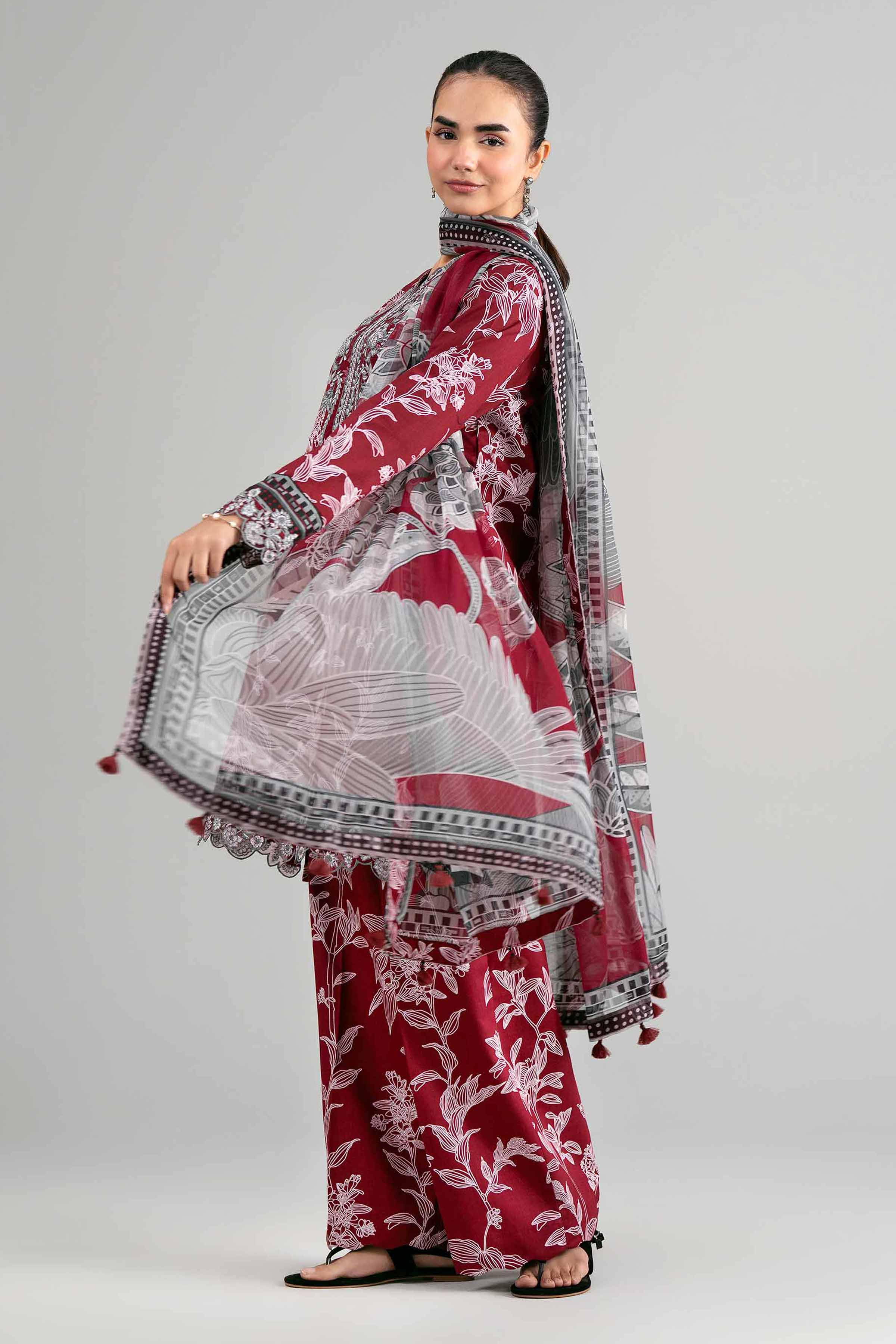 3 Piece - Digital Printed Embroidered Suit - 42601565 Maroon Lawn 3PC Embroidered Summer
