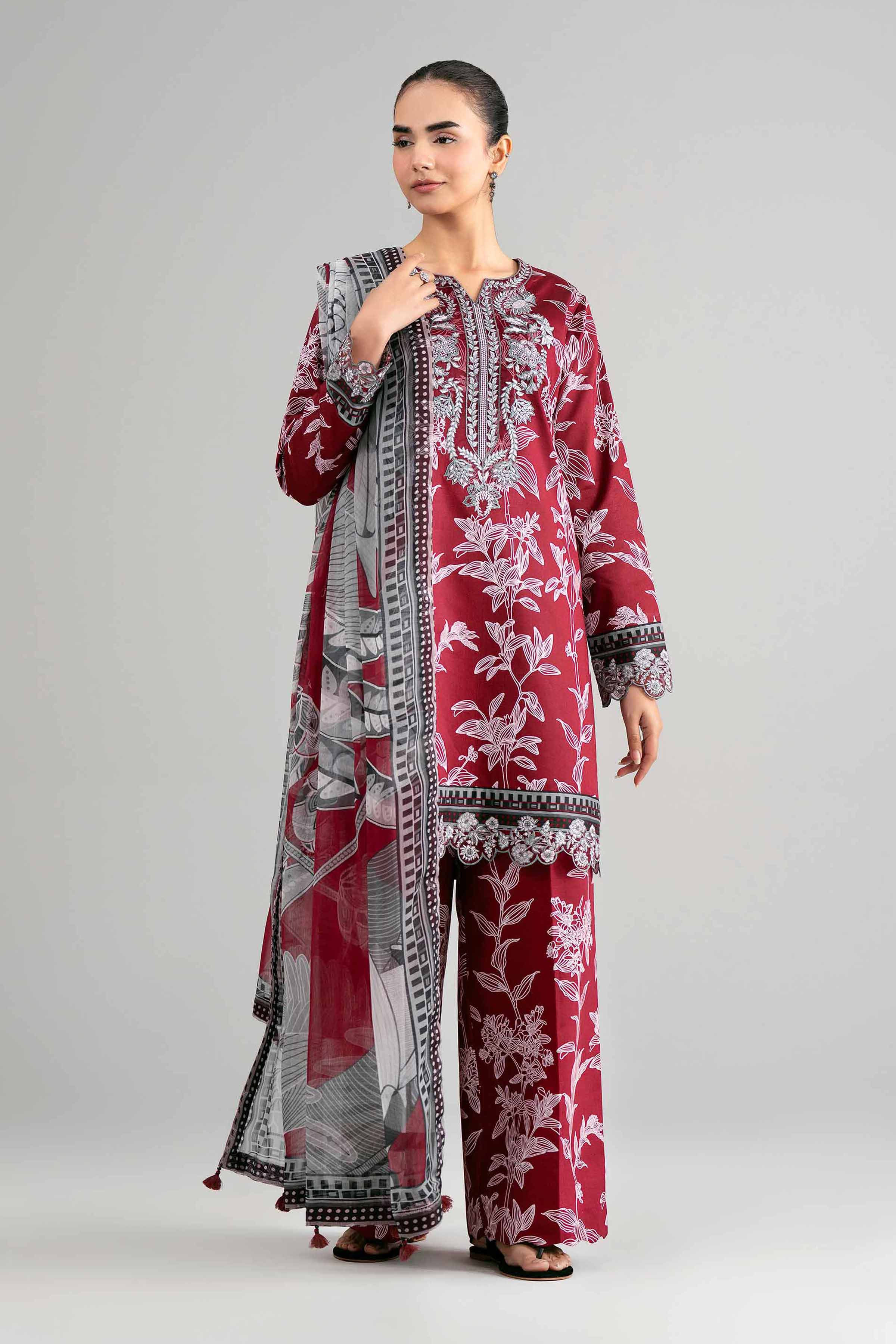 3 Piece - Digital Printed Embroidered Suit - 42601565 Maroon Lawn 3PC Embroidered Summer
