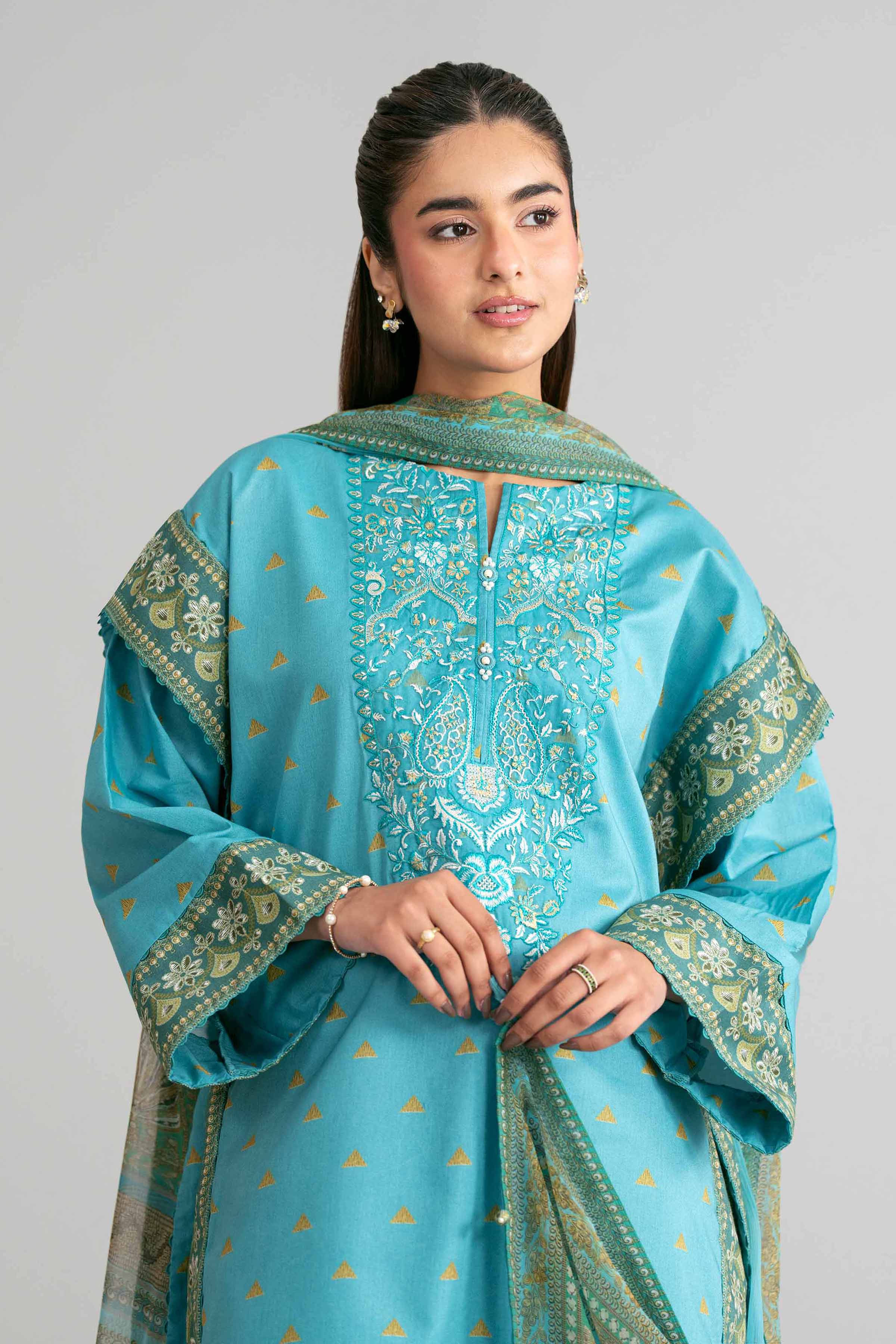 3 Piece - Digital Printed Embroidered Suit - 42601567 Blue Lawn 3PC Embroidered Summer