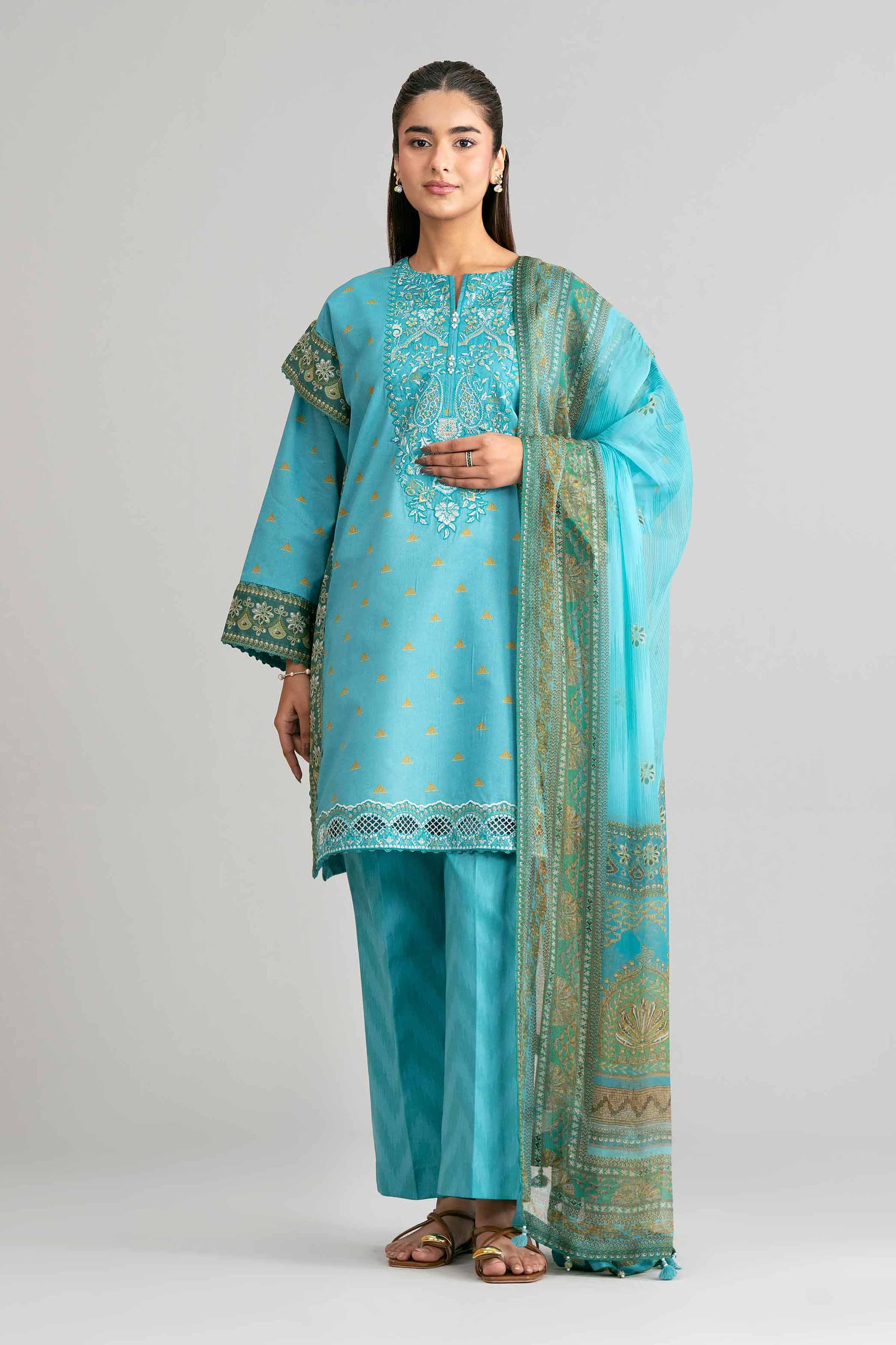 3 Piece - Digital Printed Embroidered Suit - 42601567 Blue Lawn 3PC Embroidered Summer