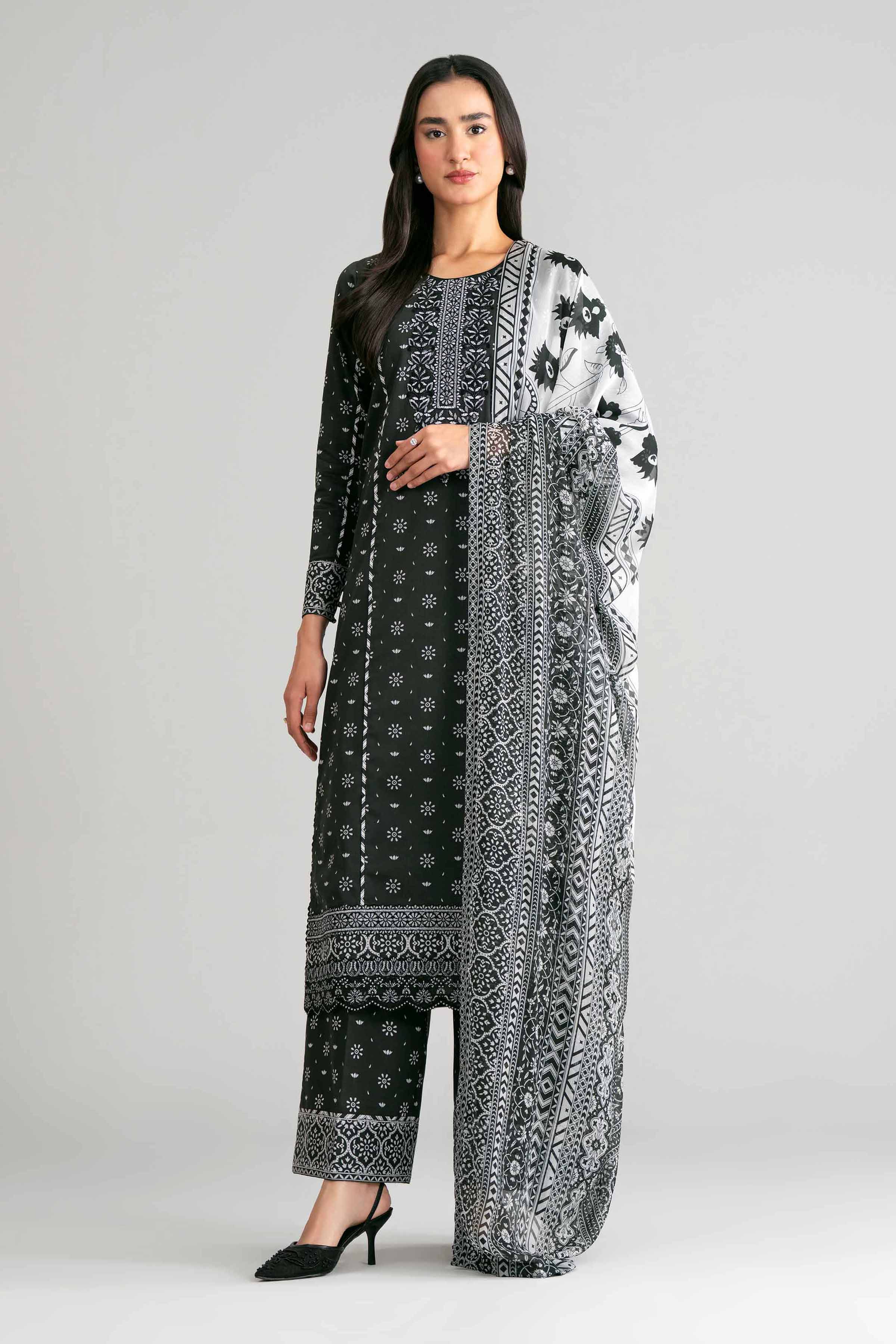 3 Piece - Digital Printed Embroidered Suit - 42601568 Black Lawn 3PC Embroidered Summer