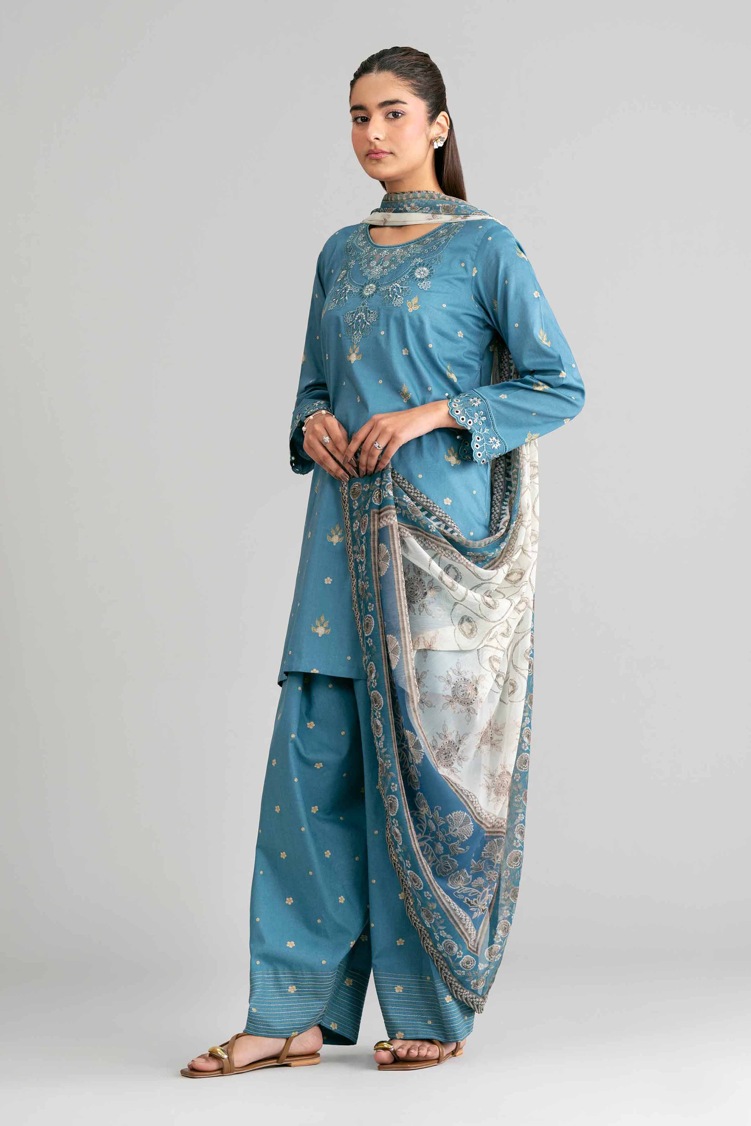 3 Piece - Digital Printed Embroidered Suit - 42601569 Blue Lawn 3PC Embroidered Summer