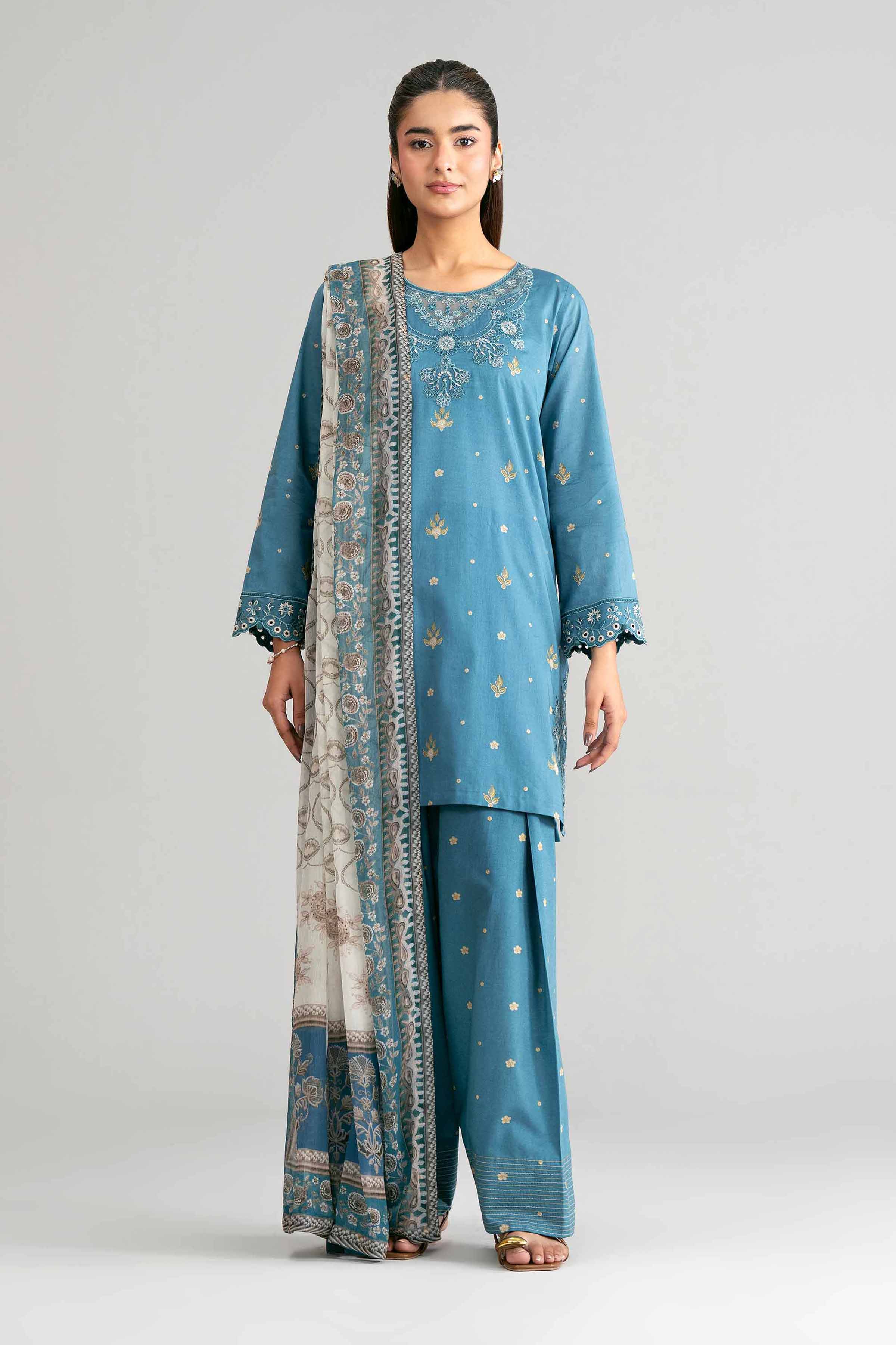 3 Piece - Digital Printed Embroidered Suit - 42601569 Blue Lawn 3PC Embroidered Summer