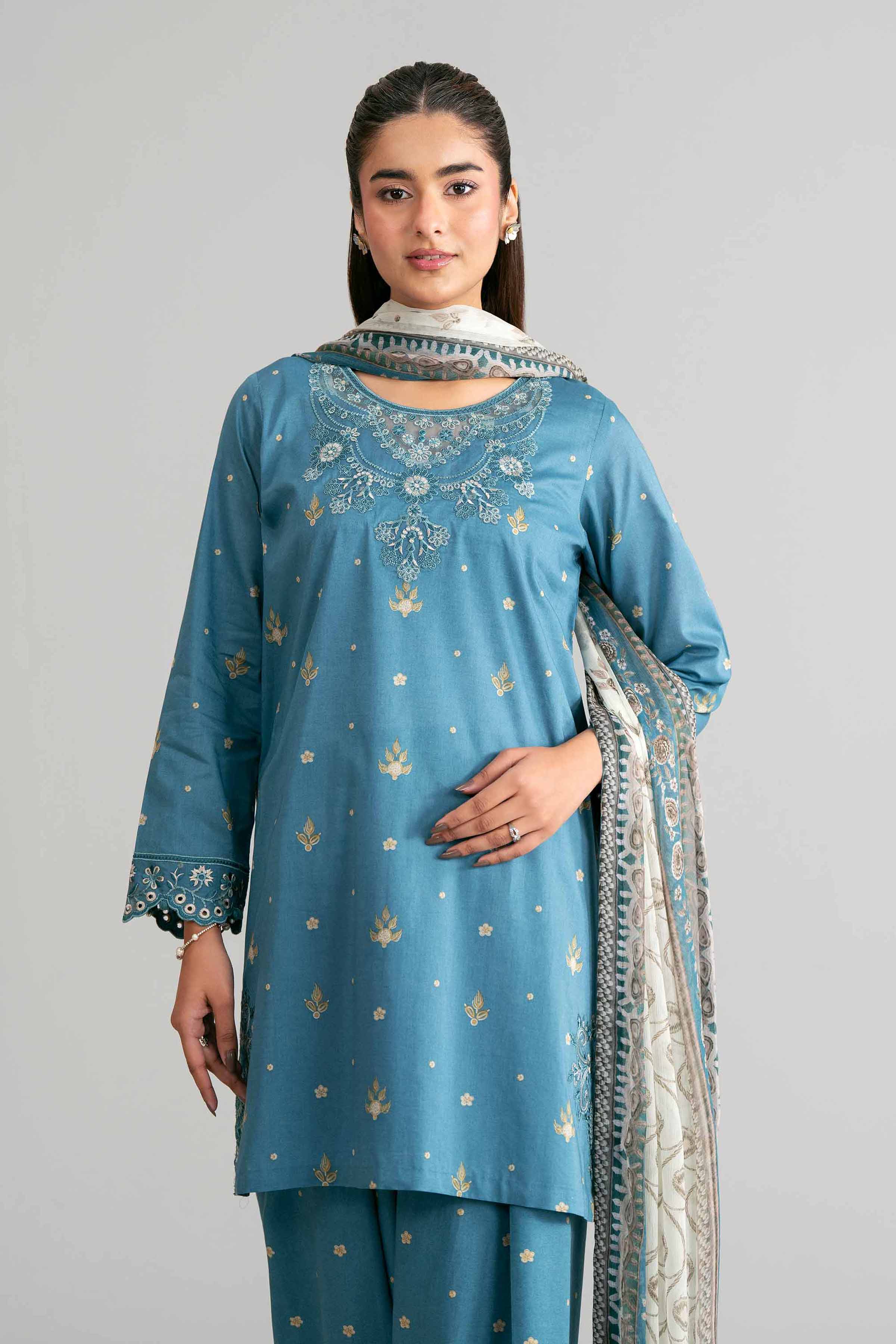 3 Piece - Digital Printed Embroidered Suit - 42601569 Blue Lawn 3PC Embroidered Summer