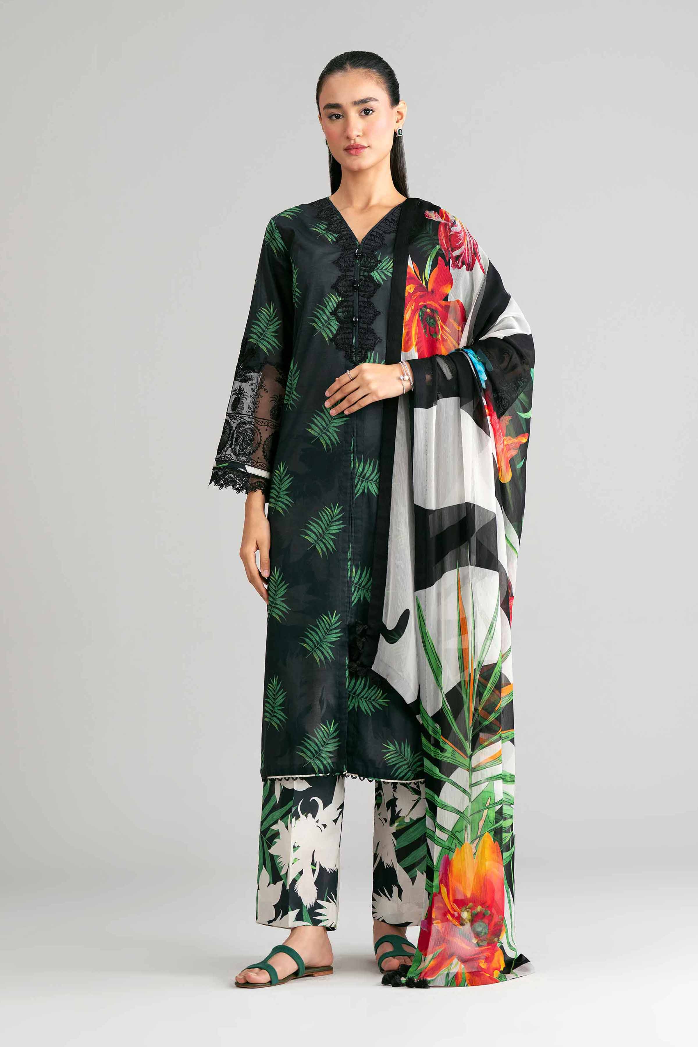 3 Piece - Digital Printed Embroidered Suit - 42601570 Black Lawn 3PC Embroidered Summer