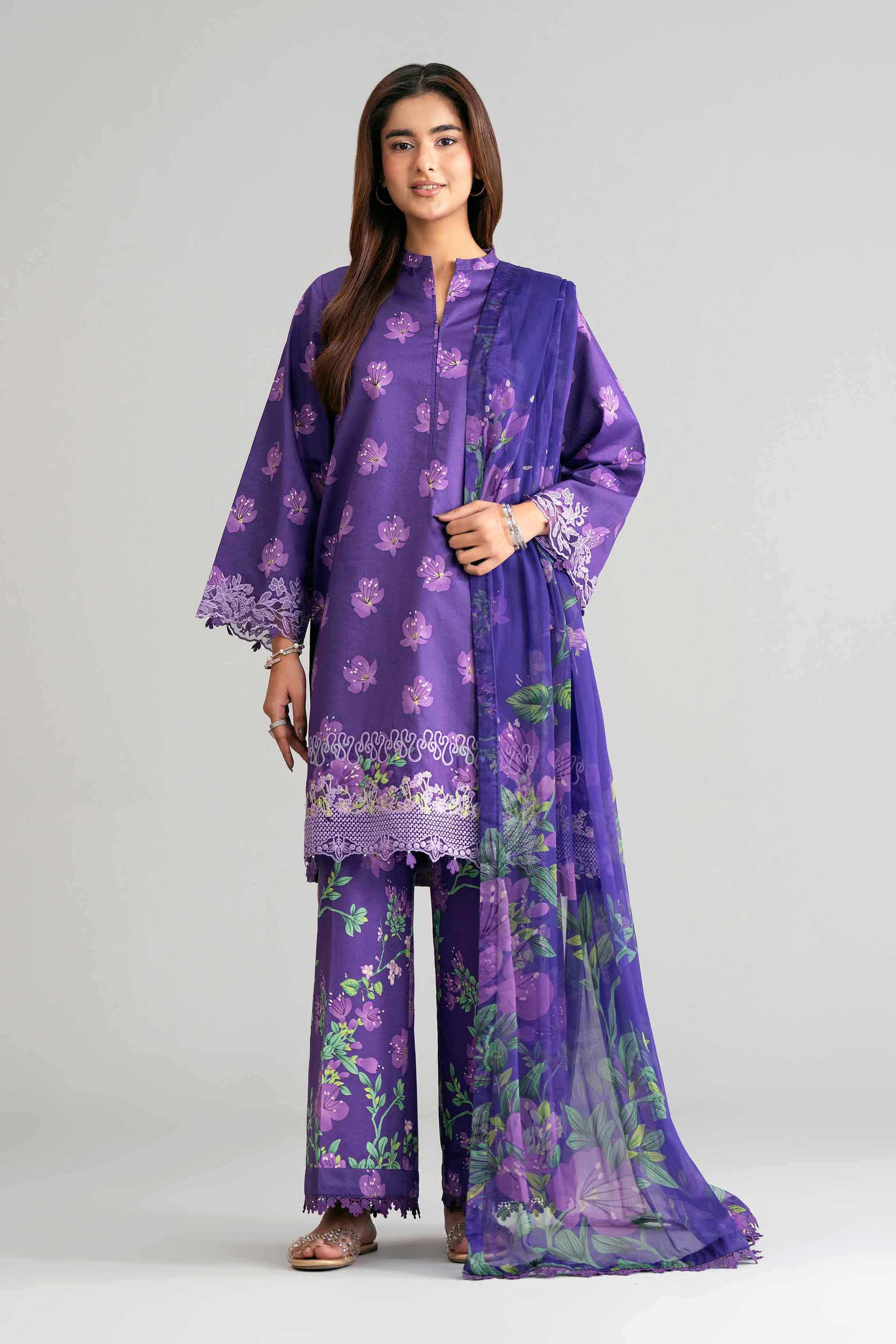 3 Piece - Digital Printed Embroidered Suit - 42601571 Purple Lawn 3PC Embroidered Summer