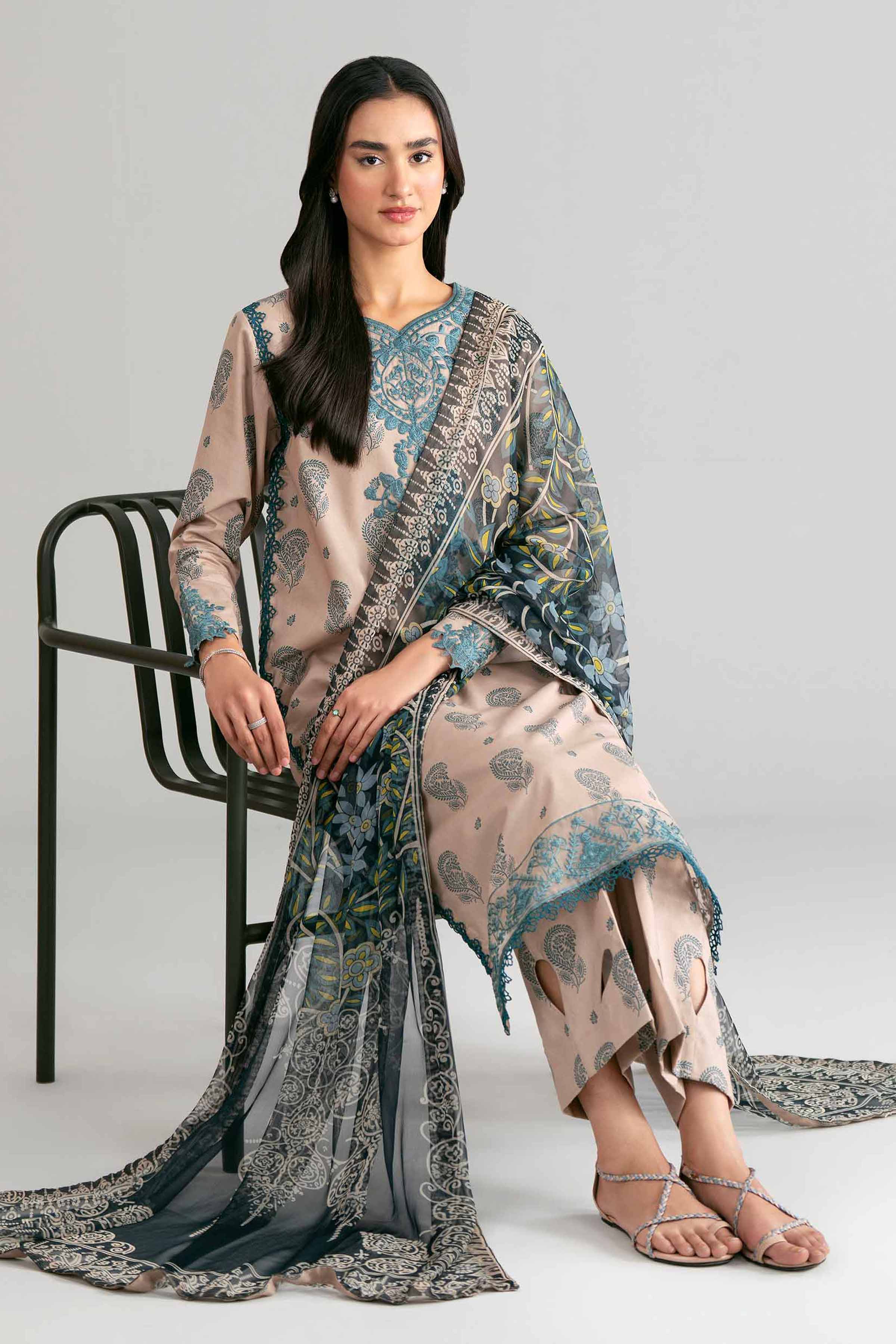 3 Piece - Digital Printed Embroidered Suit - 42601572 Beige Lawn 3PC Embroidered Summer