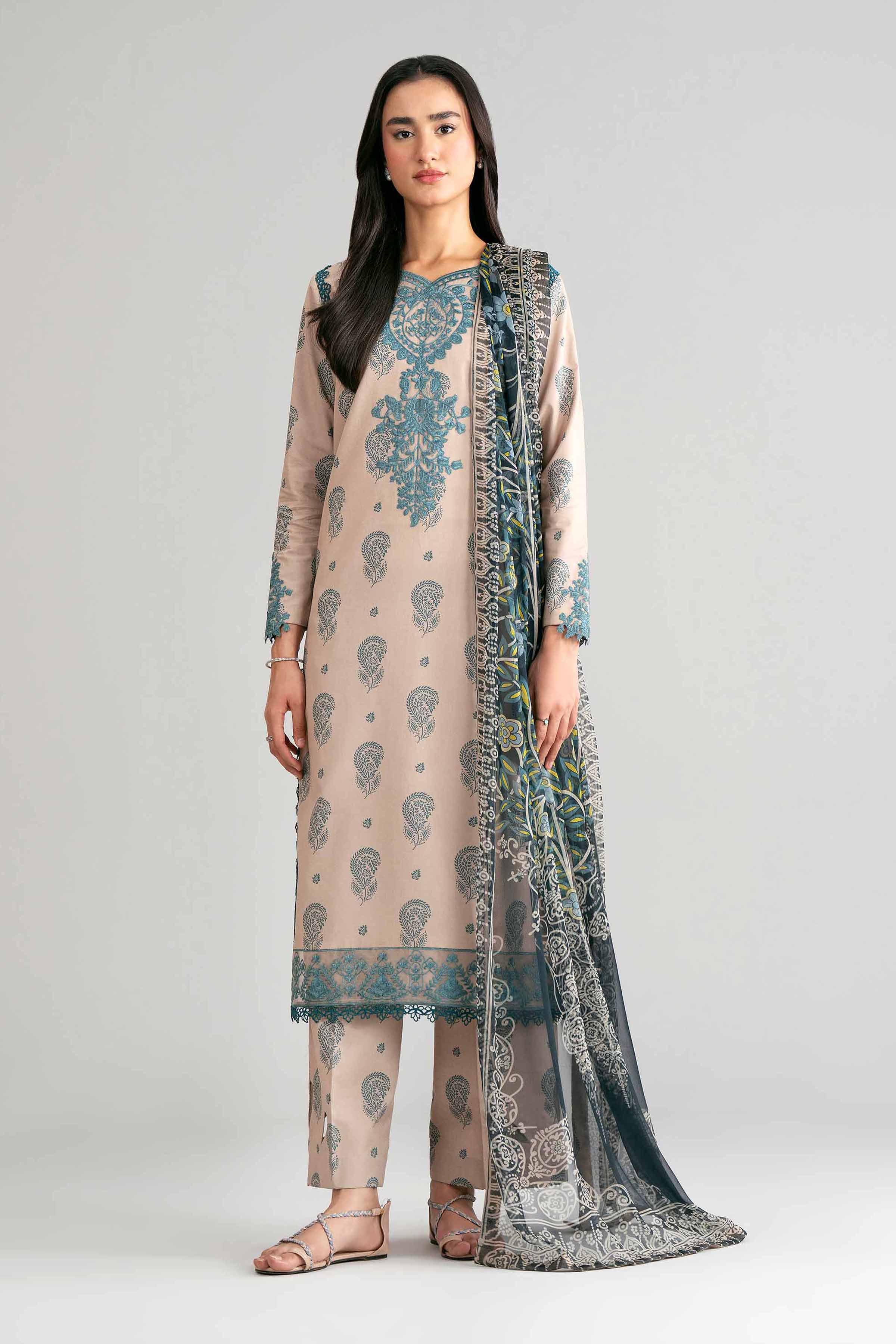3 Piece - Digital Printed Embroidered Suit - 42601572 Beige Lawn 3PC Embroidered Summer