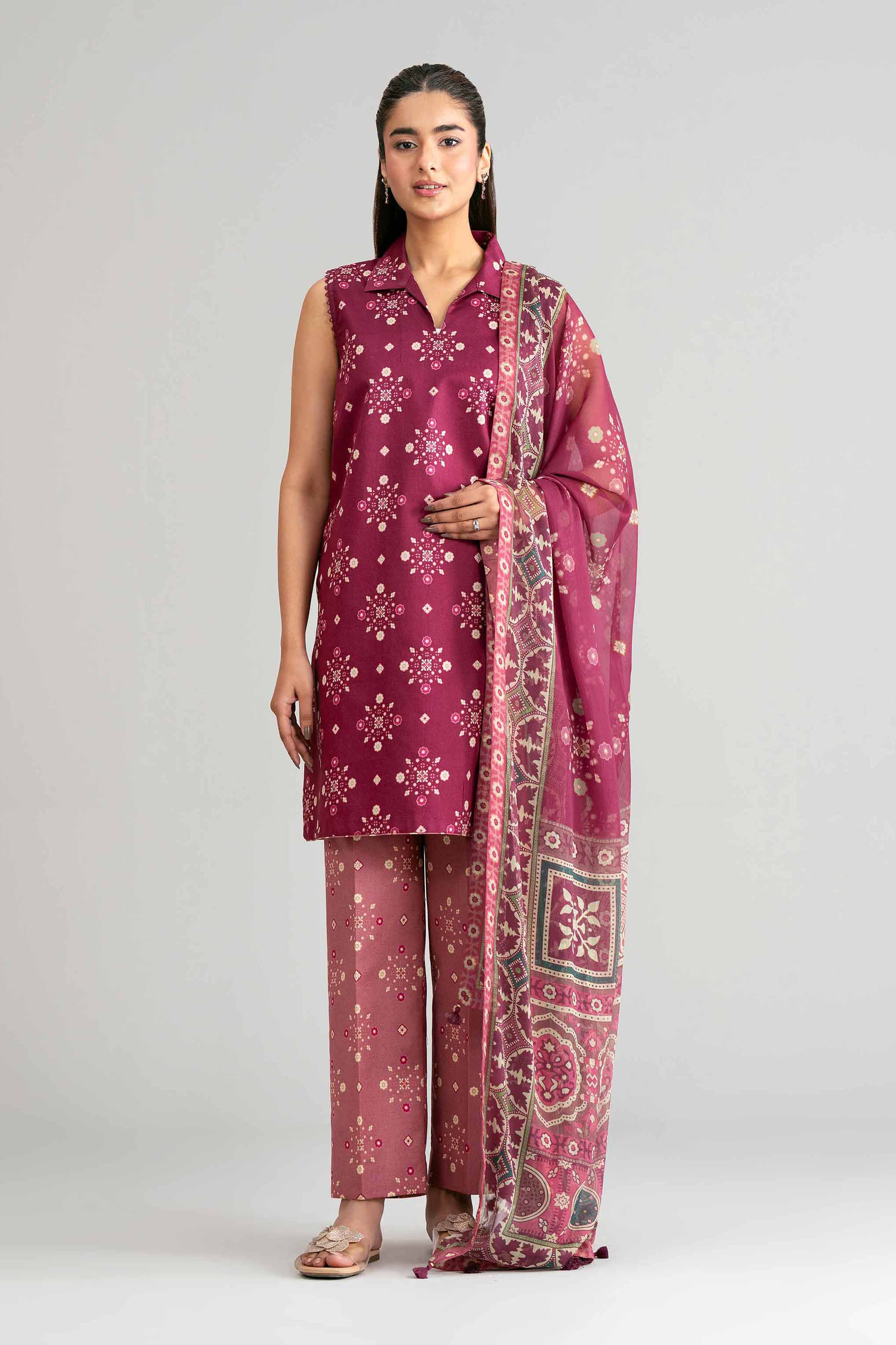 3 Piece - Digital Printed Suit - 42601575 Maroon Lawn 3PC Printed Summer