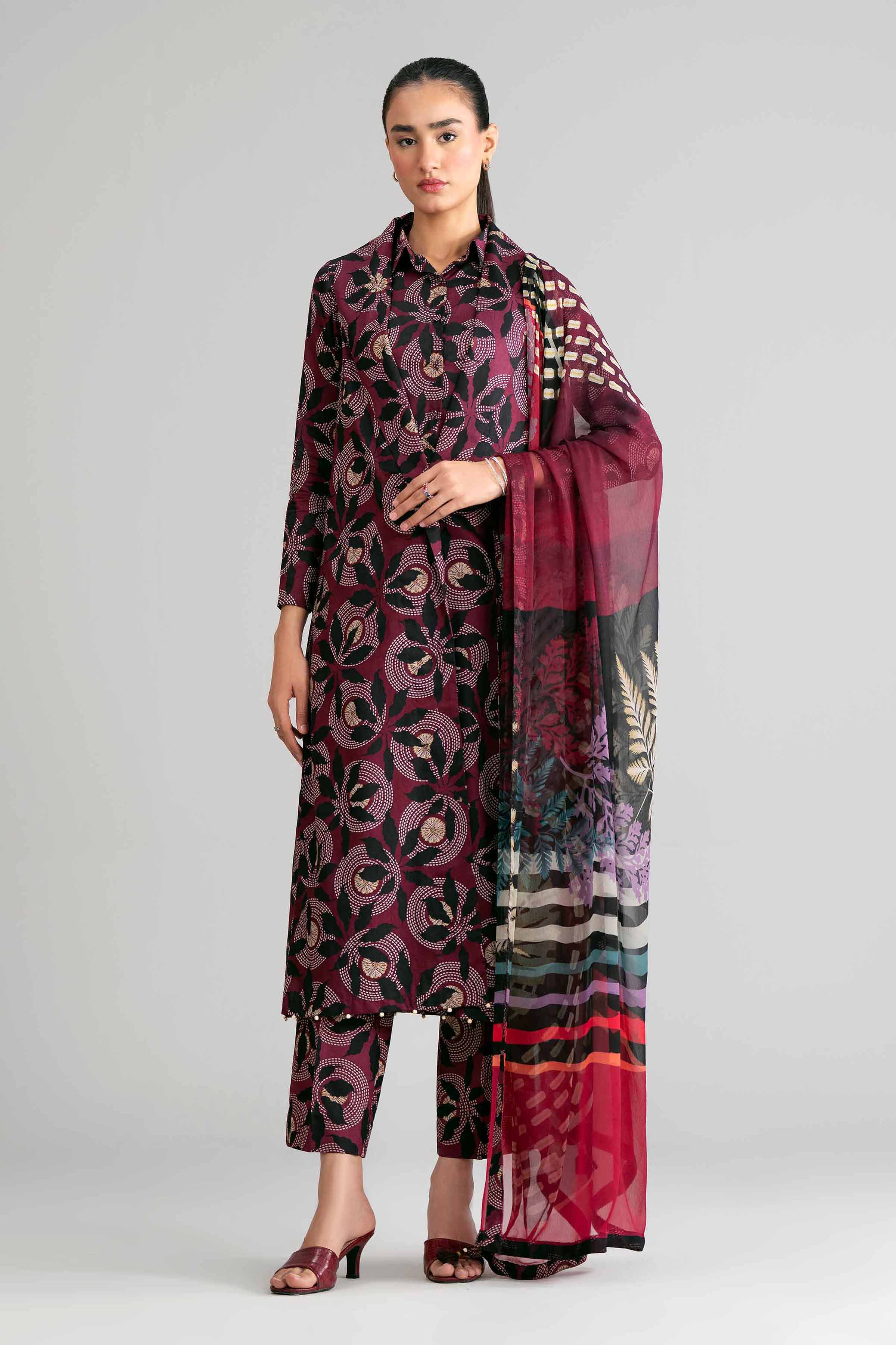 3 Piece - Digital Printed Suit - 42601577 Maroon Lawn 3PC Printed Summer