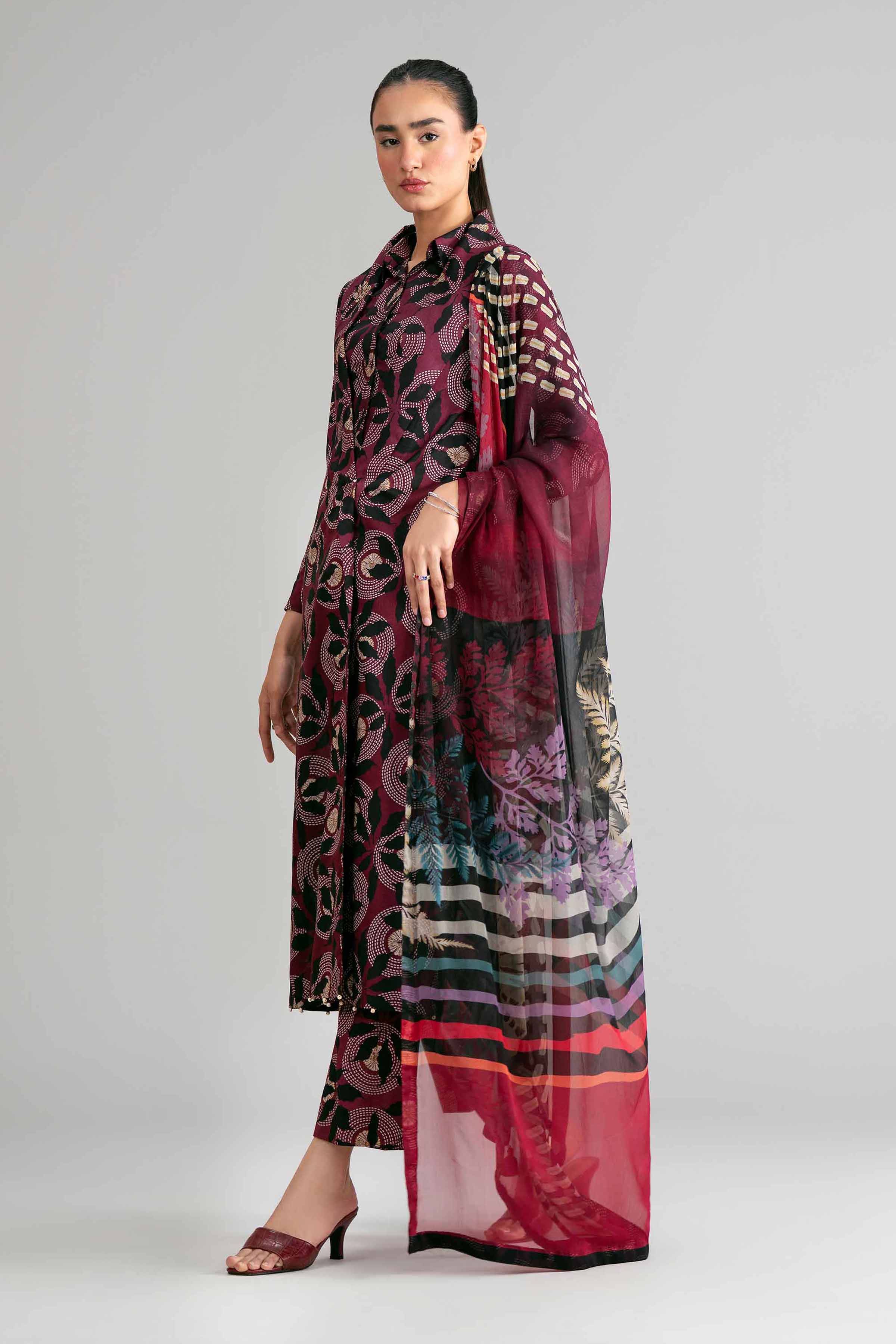 3 Piece - Digital Printed Suit - 42601577 Maroon Lawn 3PC Printed Summer