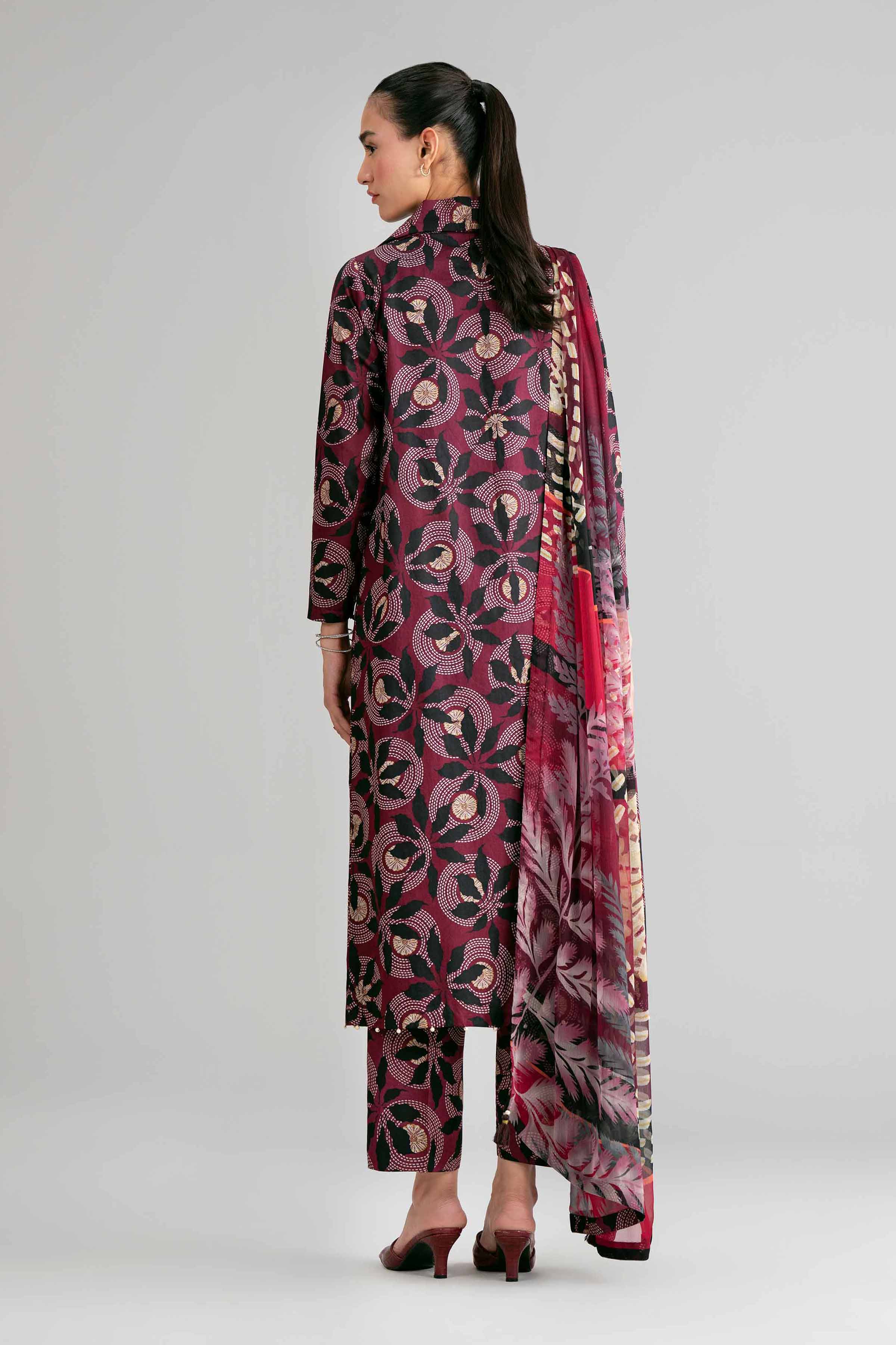 3 Piece - Digital Printed Suit - 42601577 Maroon Lawn 3PC Printed Summer