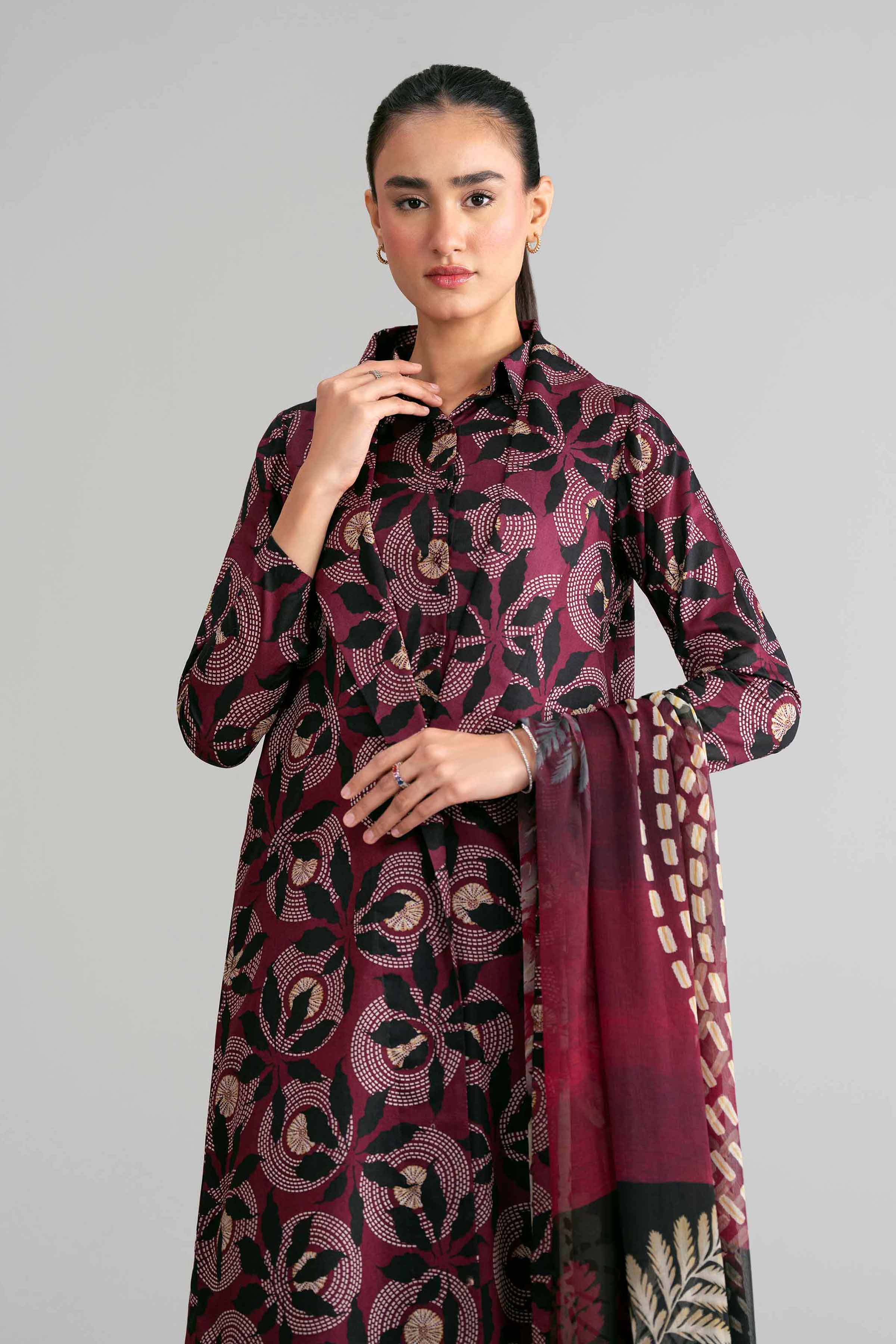 3 Piece - Digital Printed Suit - 42601577 Maroon Lawn 3PC Printed Summer