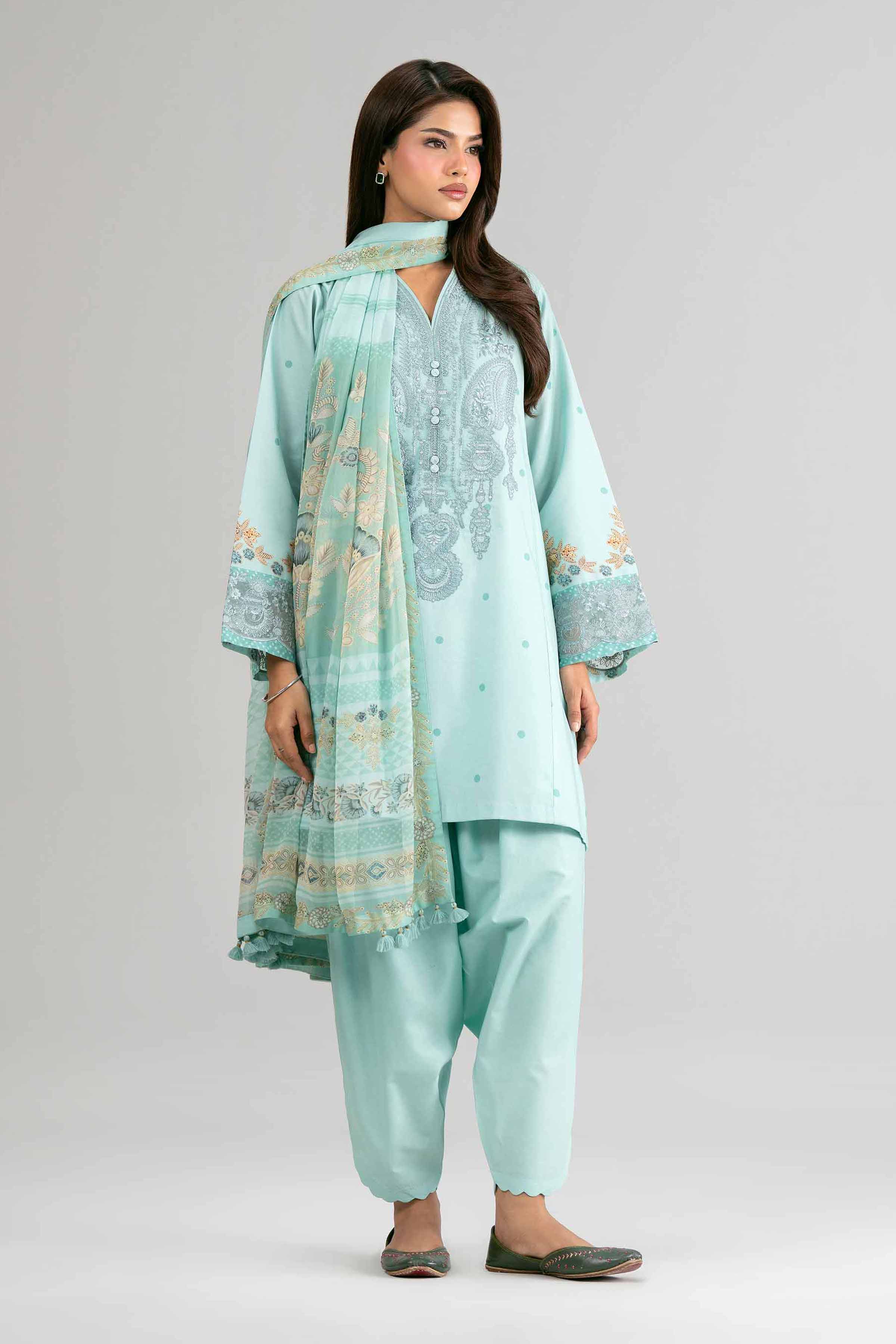 2 Piece - Digital Printed Embroidered Suit - 42601587 Green Lawn 2PC Embroidered