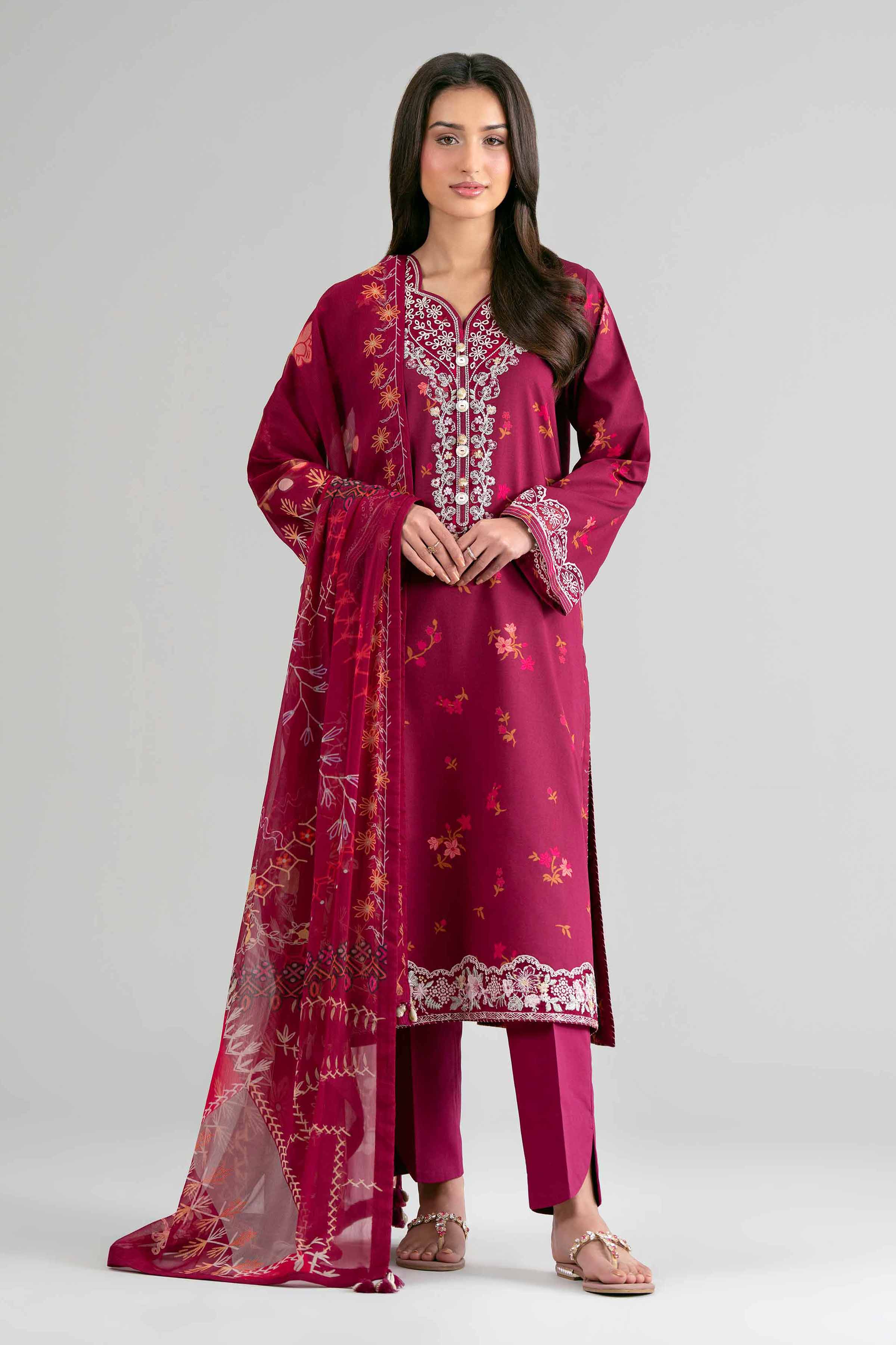 2 Piece - Digital Printed Embroidered Suit - 42601591 Maroon Lawn 2PC Embroidered