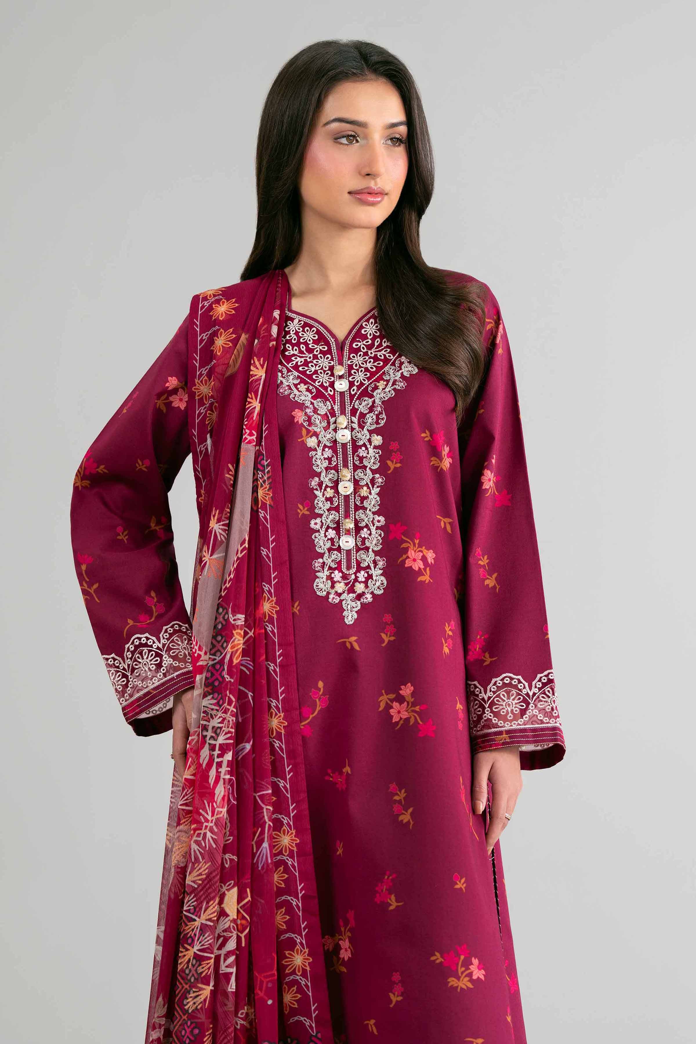 2 Piece - Digital Printed Embroidered Suit - 42601591 Maroon Lawn 2PC Embroidered