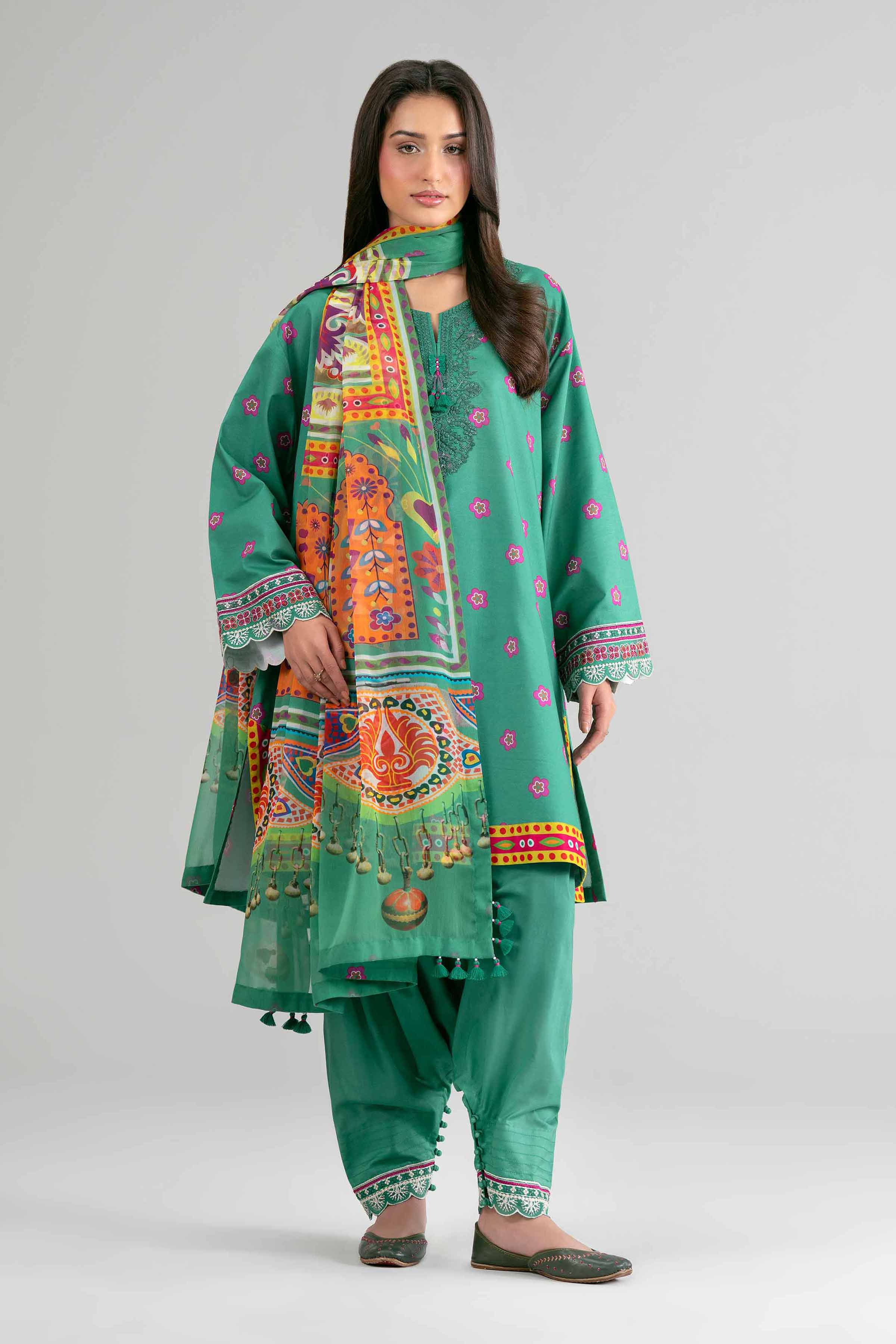 2 Piece - Digital Printed Embroidered Suit - 42601592 Green Lawn 2PC Embroidered