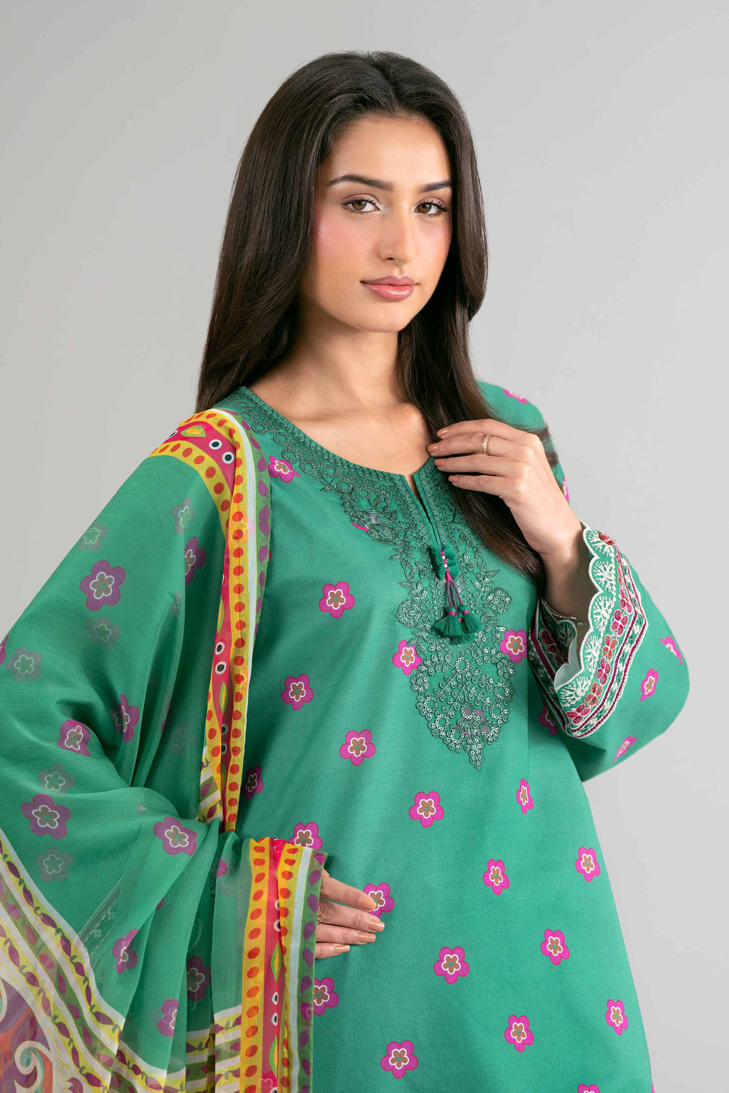 2 Piece - Digital Printed Embroidered Suit - 42601592 Green Lawn 2PC Embroidered
