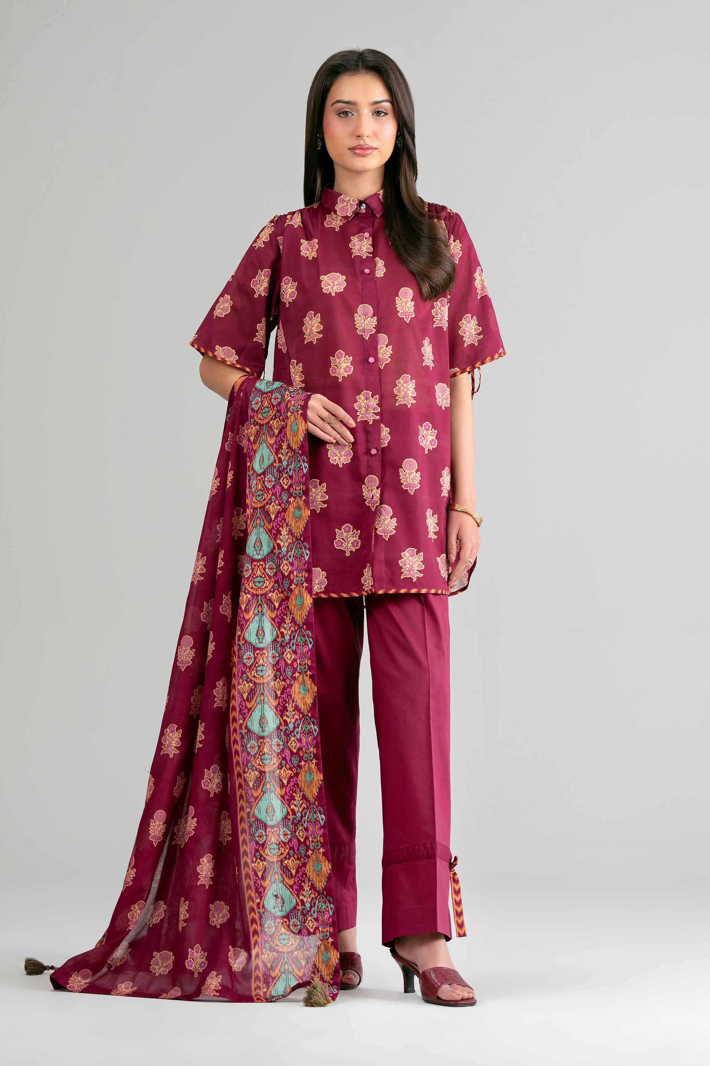 2 Piece - Printed Suit - 42601607 Maroon Lawn 2PC Printed