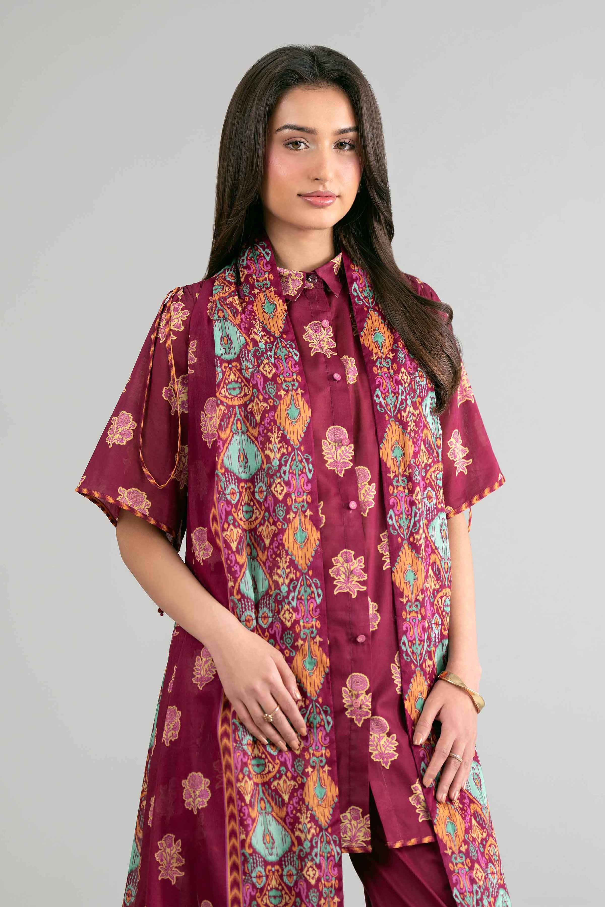 2 Piece - Printed Suit - 42601607 Maroon Lawn 2PC Printed