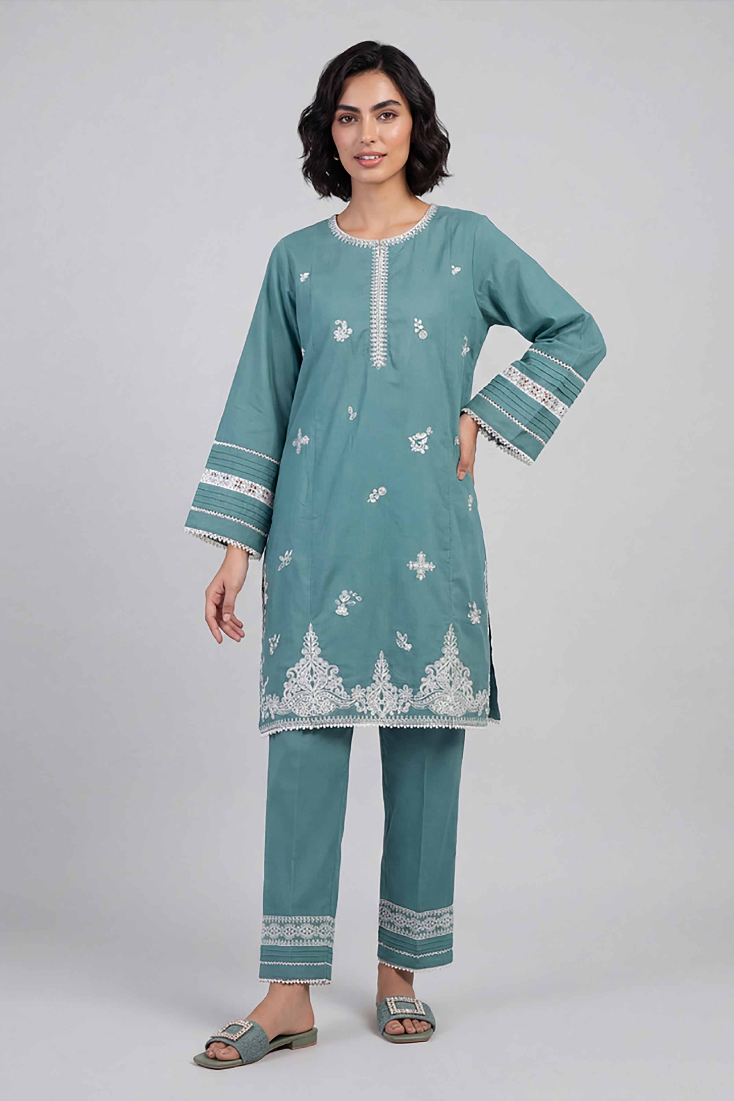 2 Piece - Embroidered Suit - 42601638 Green Lawn 2PC Embroidered