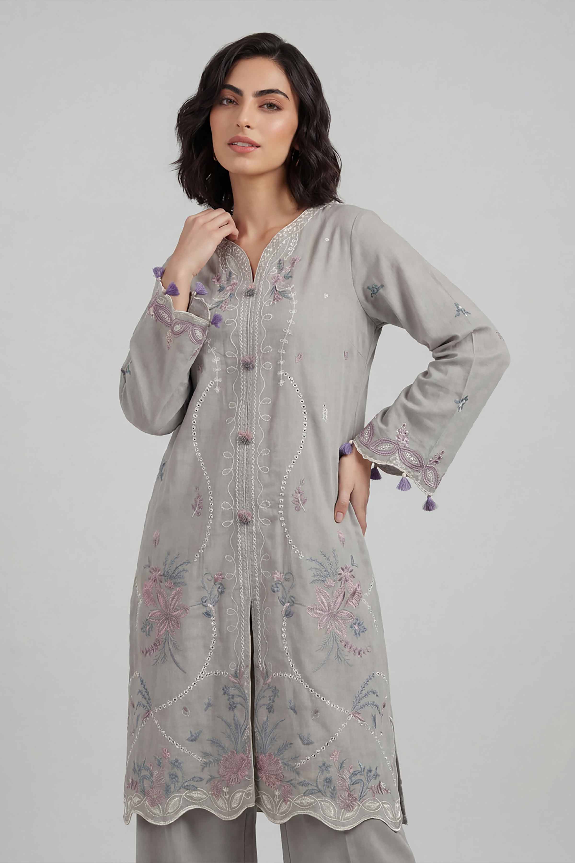 2 Piece - Embroidered Suit - 42601641 Grey Lawn 2PC Embroidered