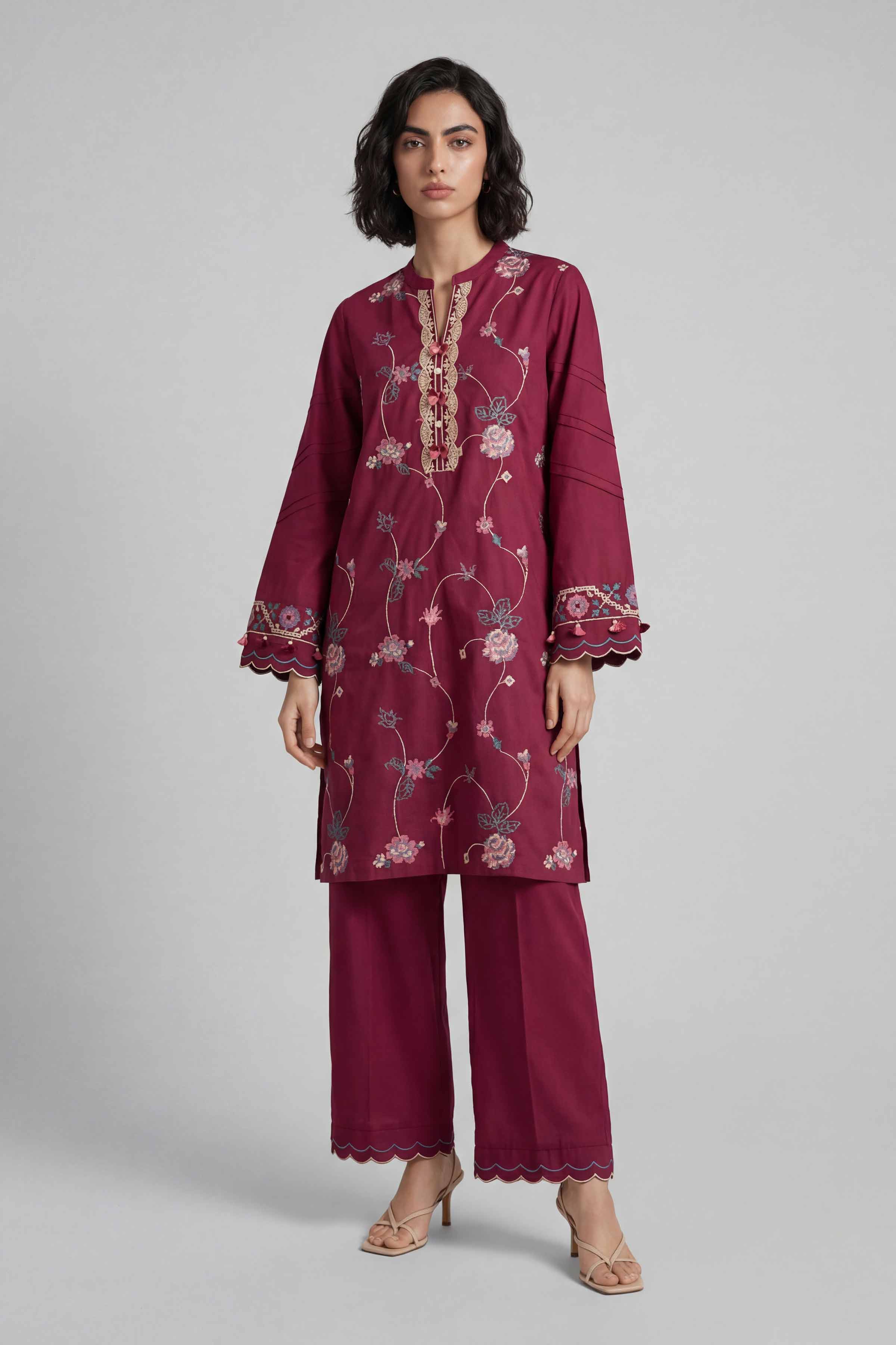 2 Piece - Embroidered Suit - 42601643 Maroon Lawn 2PC Embroidered