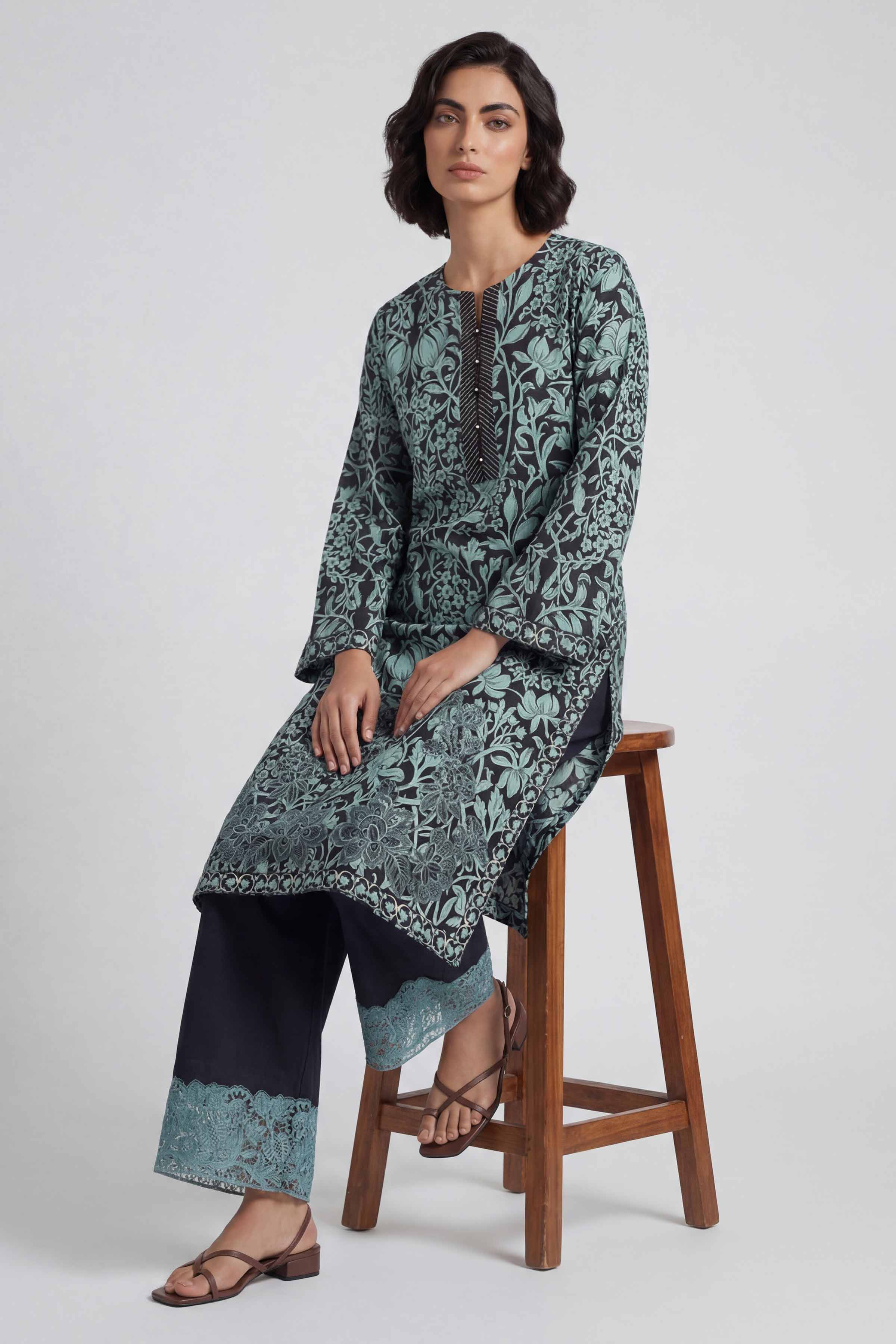 2 Piece - Printed Embroidered Suit - 42601657 Green Lawn 2PC Embroidered