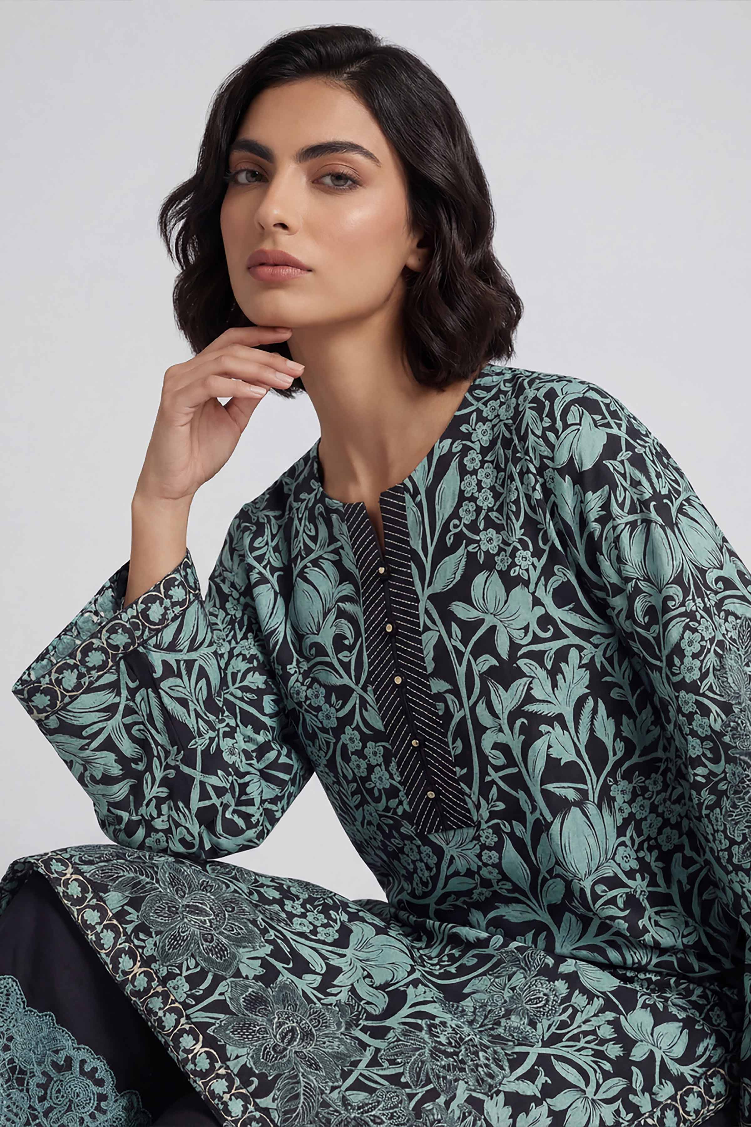 2 Piece - Printed Embroidered Suit - 42601657 Green Lawn 2PC Embroidered