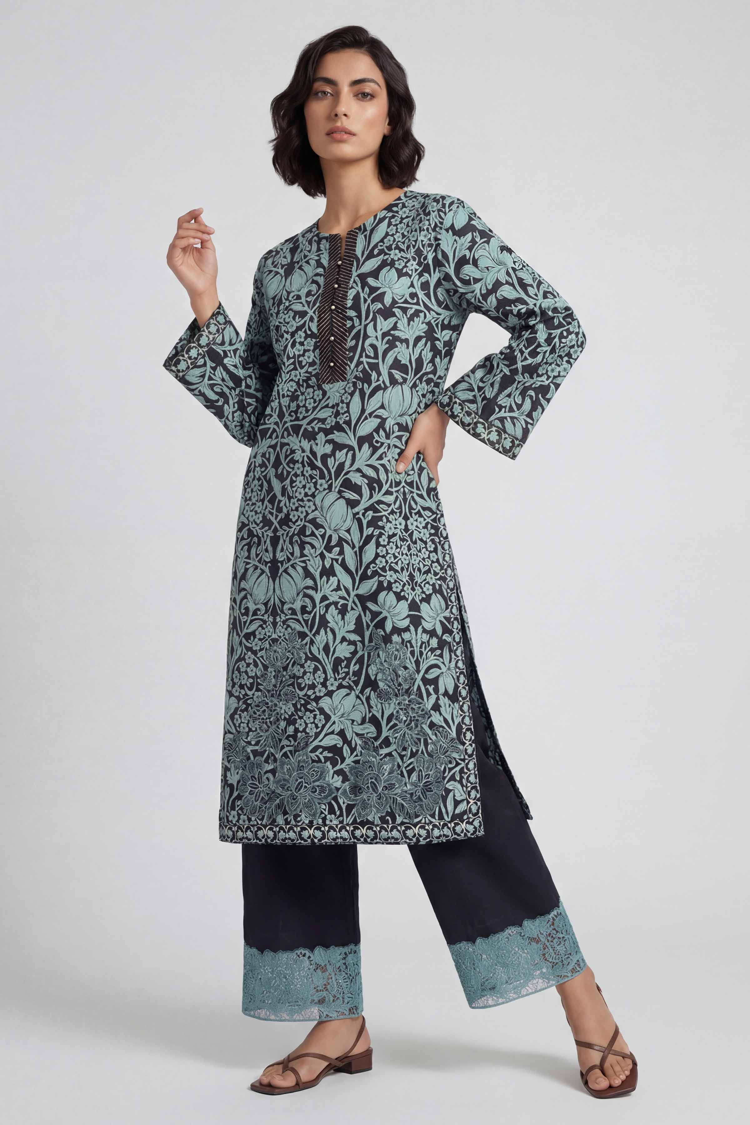 2 Piece - Printed Embroidered Suit - 42601657 Green Lawn 2PC Embroidered