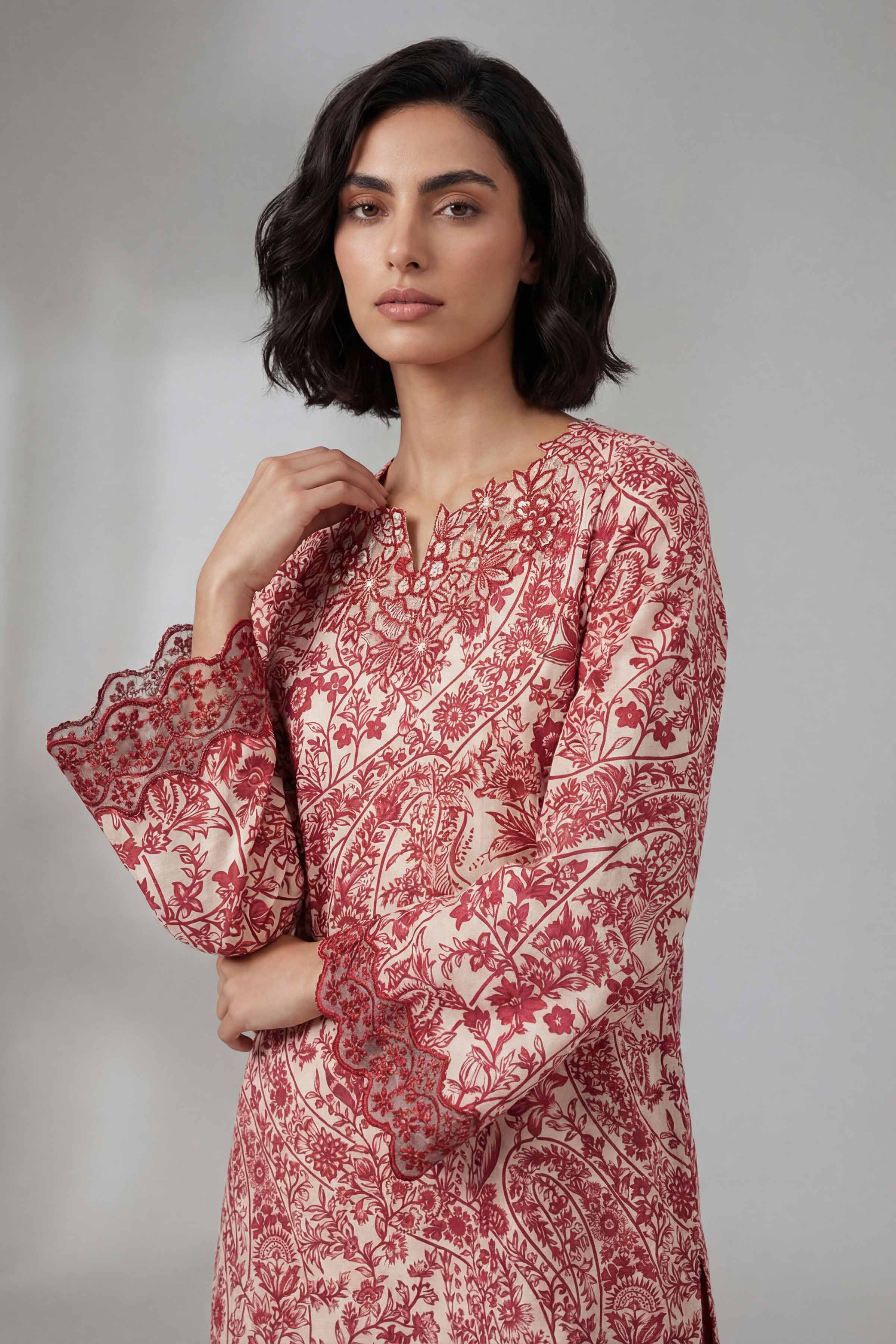 2 Piece - Printed Embroidered Suit - 42601659 Red Lawn 2PC Embroidered