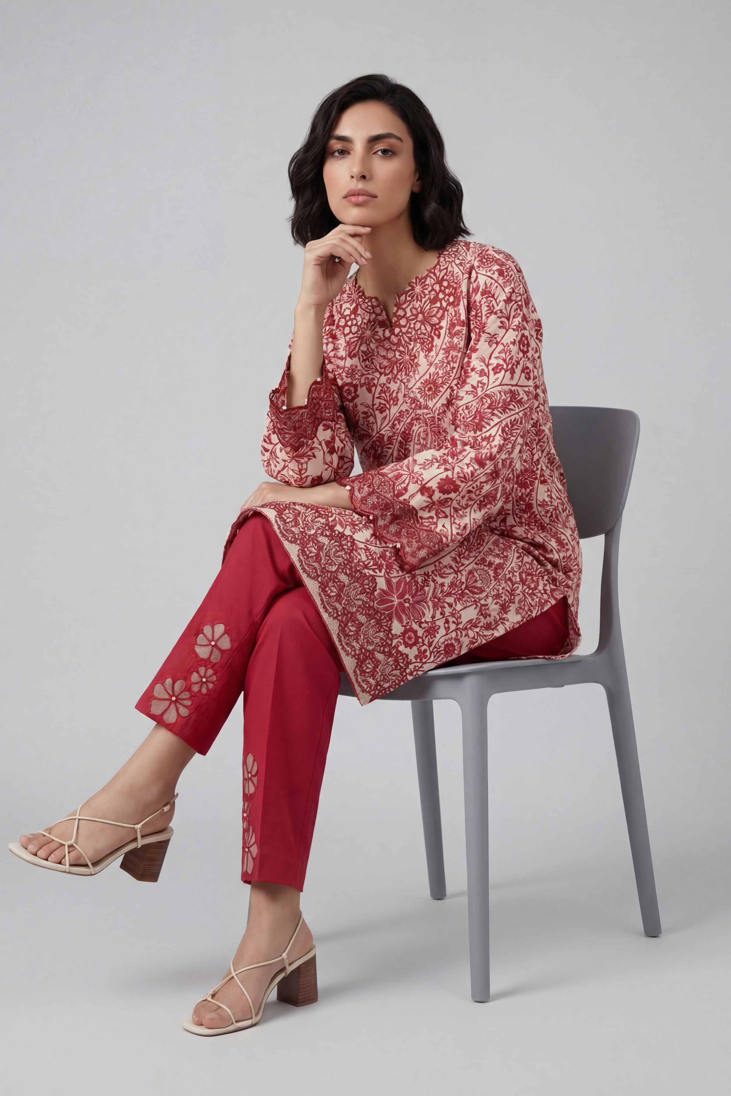 2 Piece - Printed Embroidered Suit - 42601659 Red Lawn 2PC Embroidered