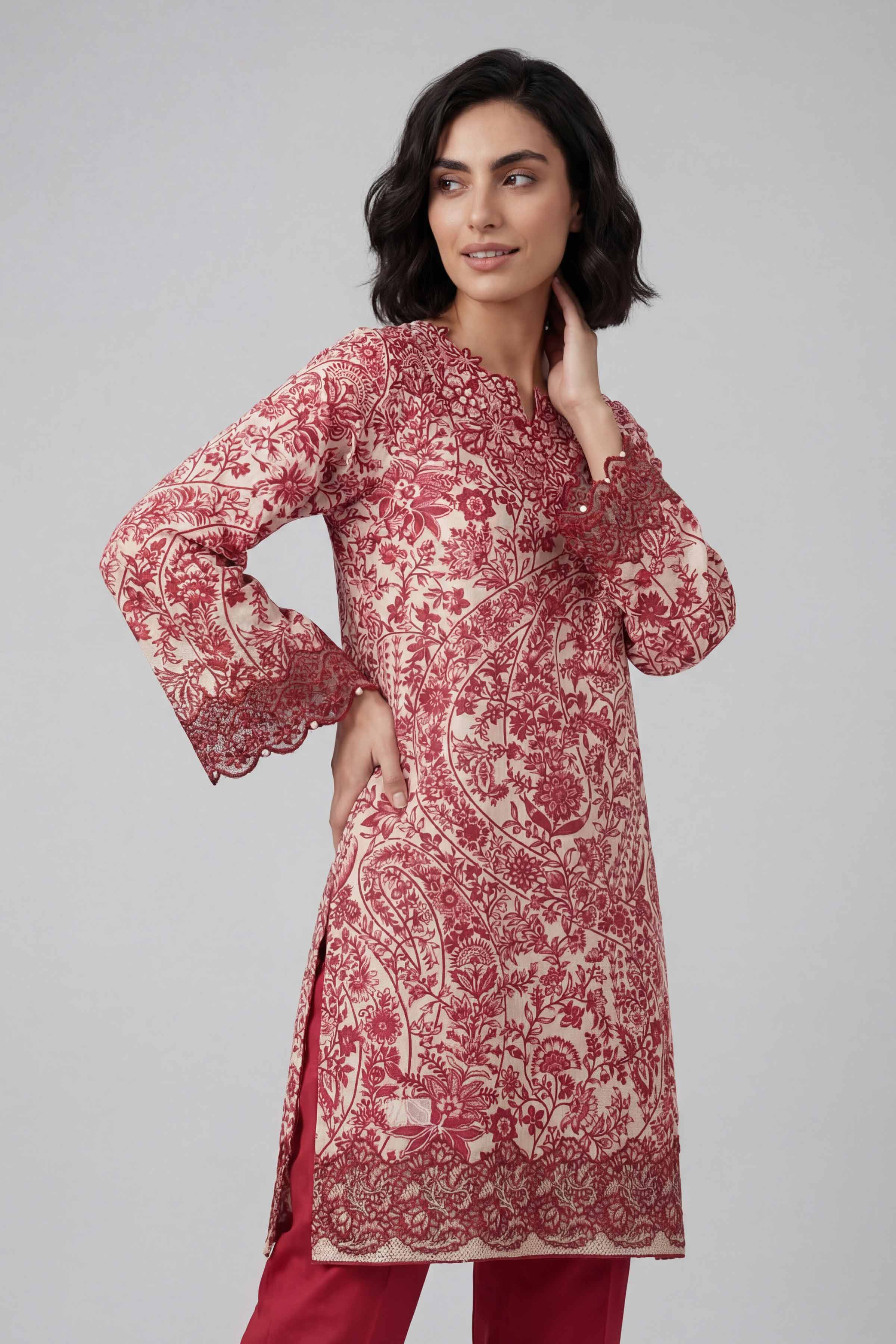 2 Piece - Printed Embroidered Suit - 42601659 Red Lawn 2PC Embroidered