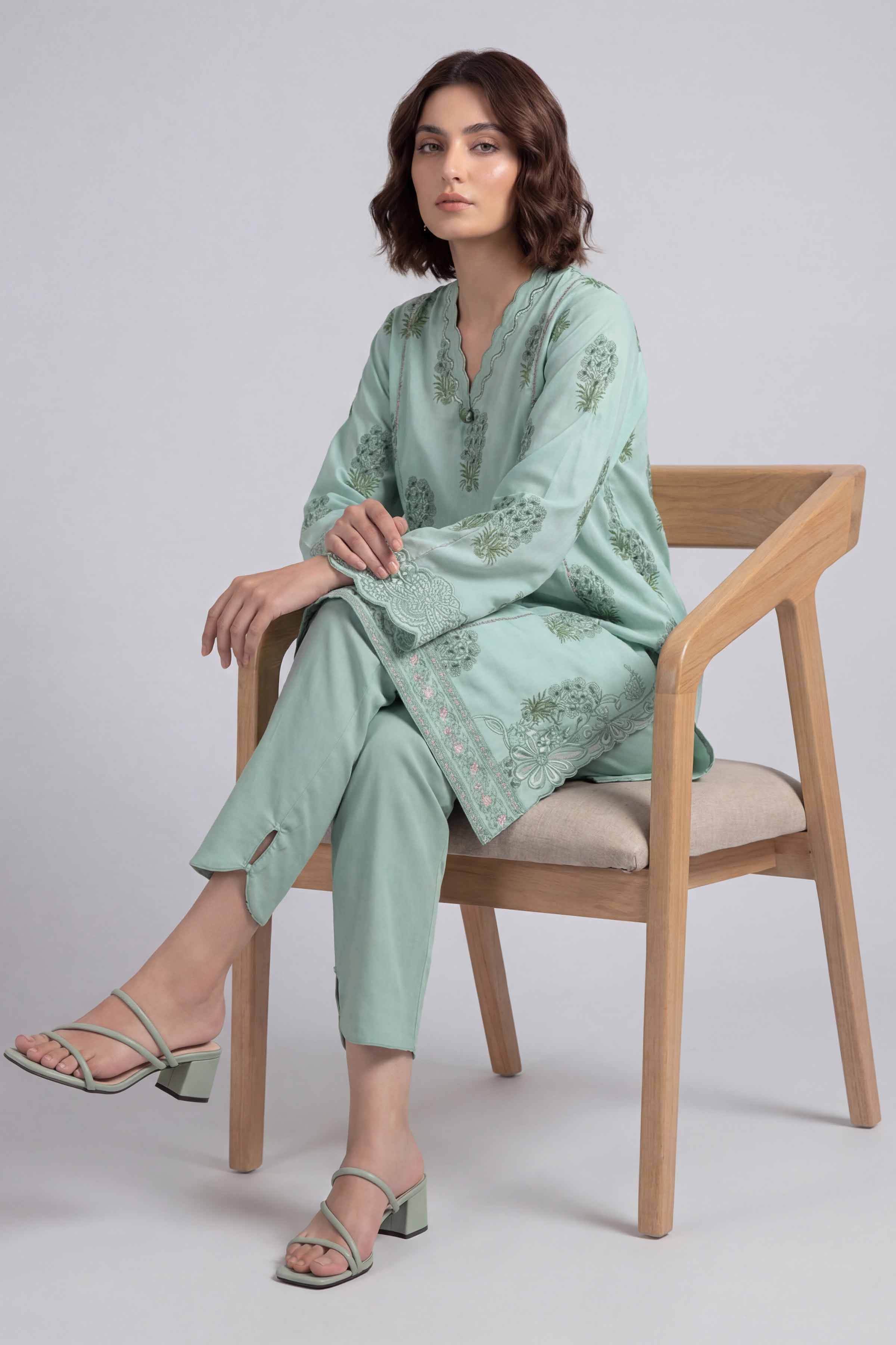 2 Piece - Printed Embroidered Suit - 42601660 Green Lawn 2PC Embroidered