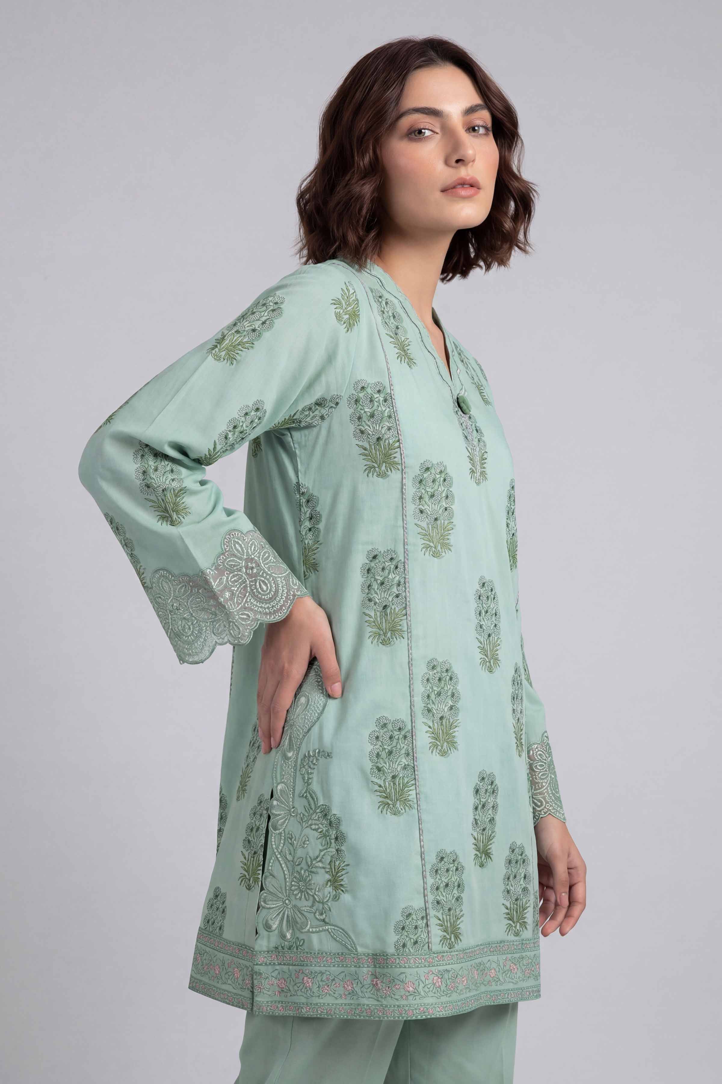 2 Piece - Printed Embroidered Suit - 42601660 Green Lawn 2PC Embroidered