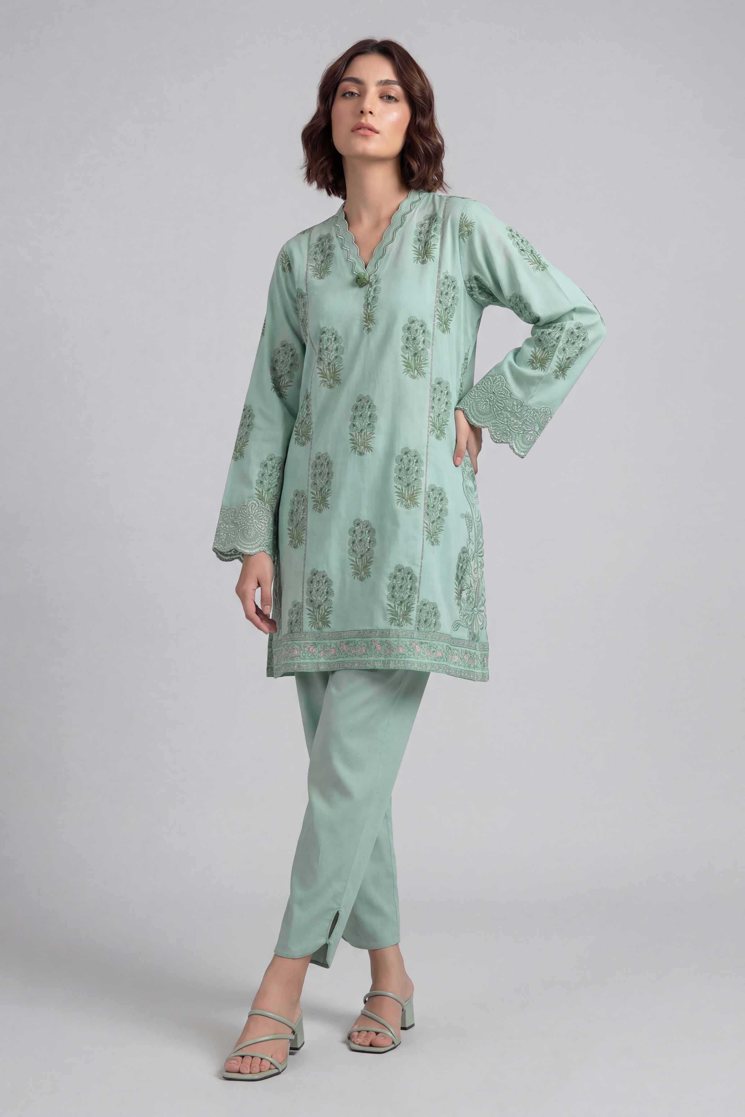 2 Piece - Printed Embroidered Suit - 42601660 Green Lawn 2PC Embroidered