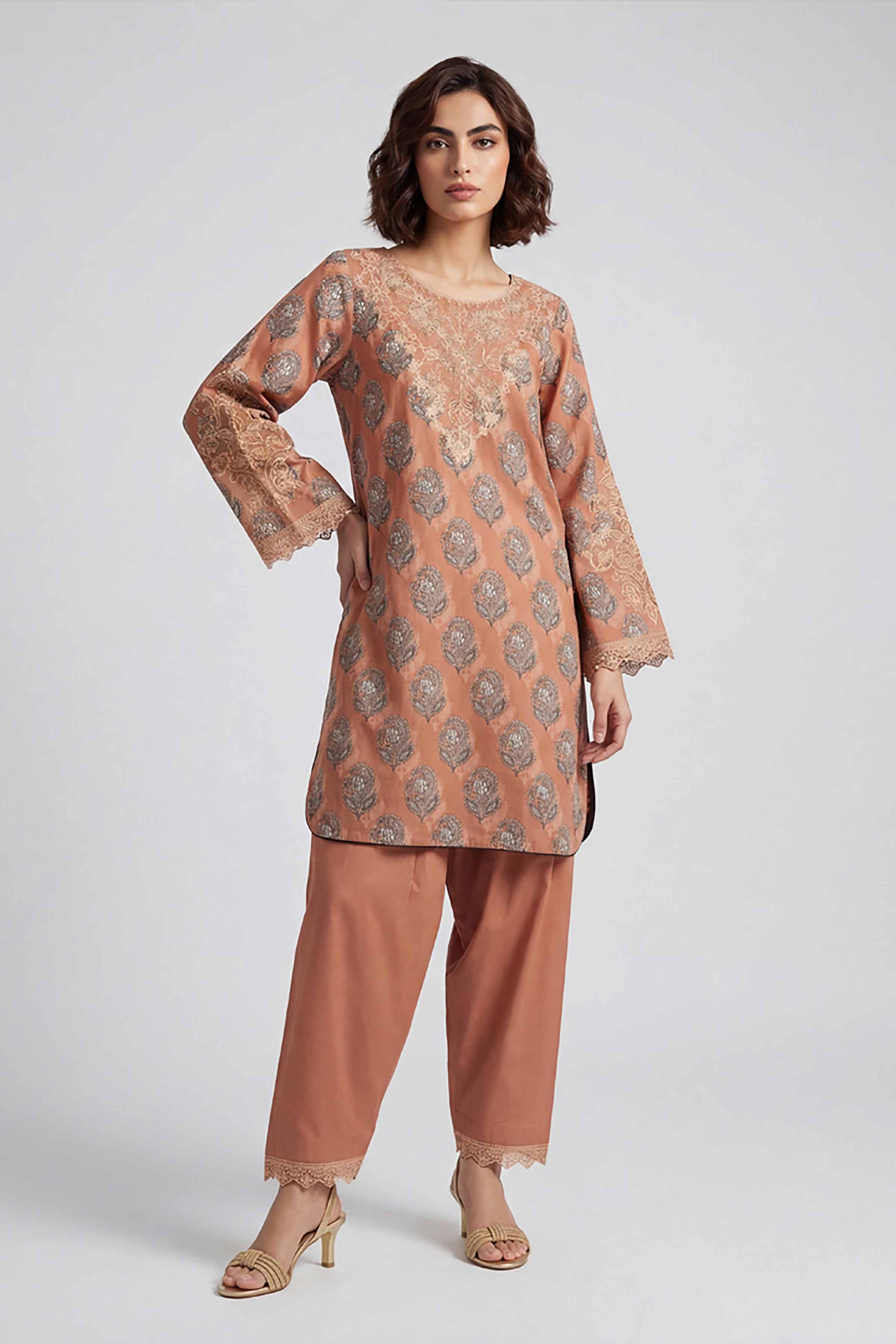 2 Piece - Printed Embroidered Suit - 42601662 Brown Lawn 2PC Embroidered