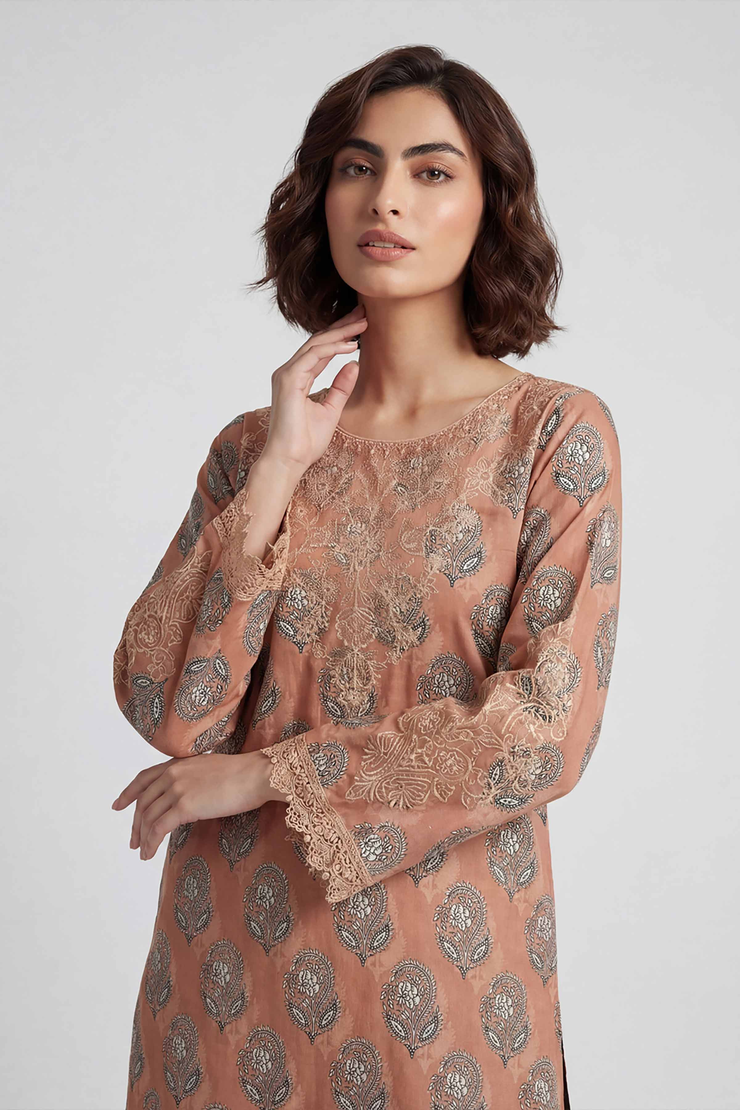 2 Piece - Printed Embroidered Suit - 42601662 Brown Lawn 2PC Embroidered