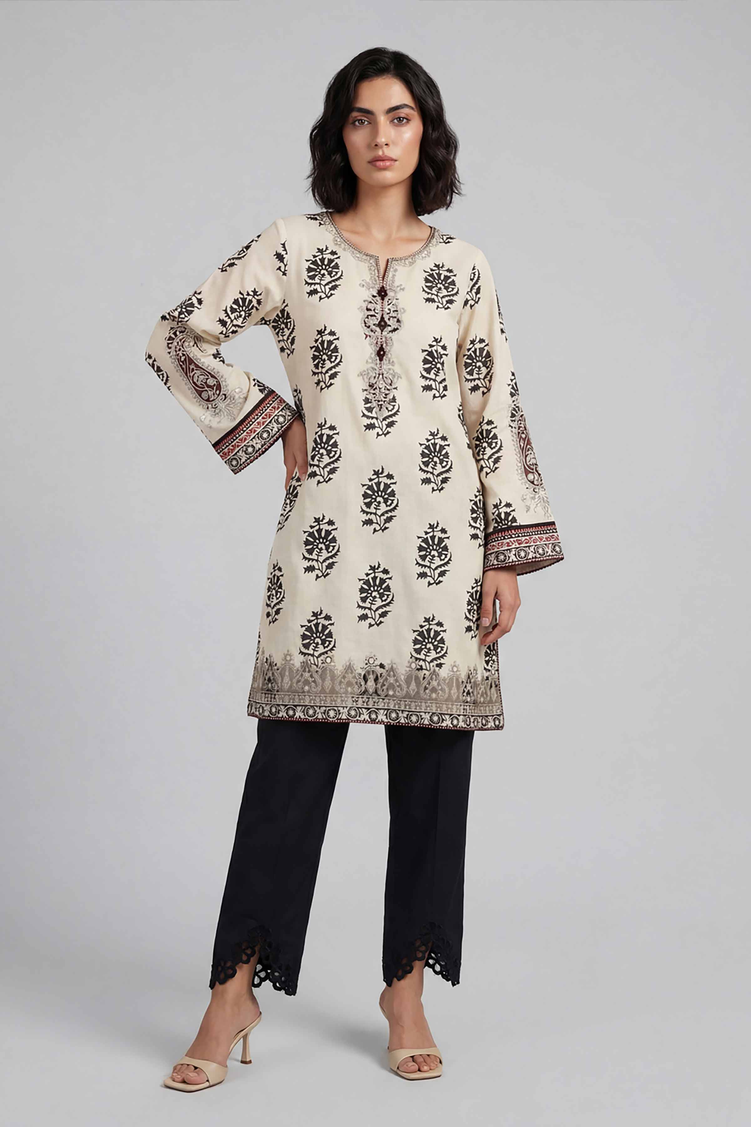 2 Piece - Printed Embroidered Suit - 42601663 Cream Lawn 2PC Embroidered