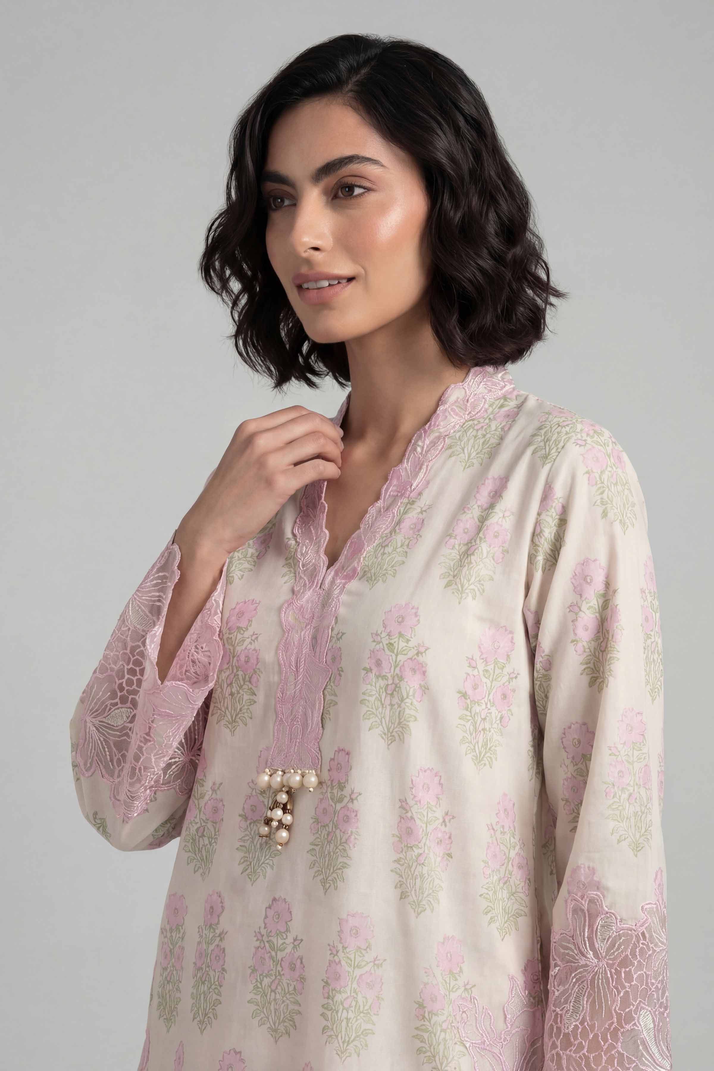 2 Piece - Printed Embroidered Suit - 42601664 Cream Lawn 2PC Embroidered