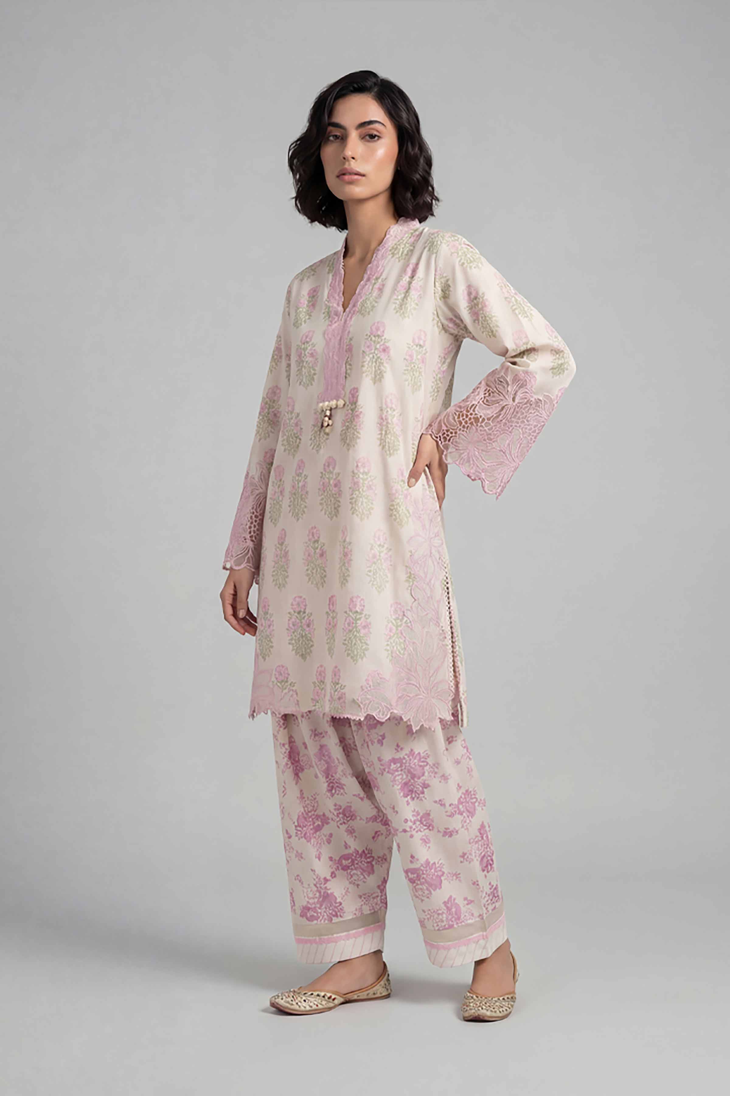 2 Piece - Printed Embroidered Suit - 42601664 Cream Lawn 2PC Embroidered