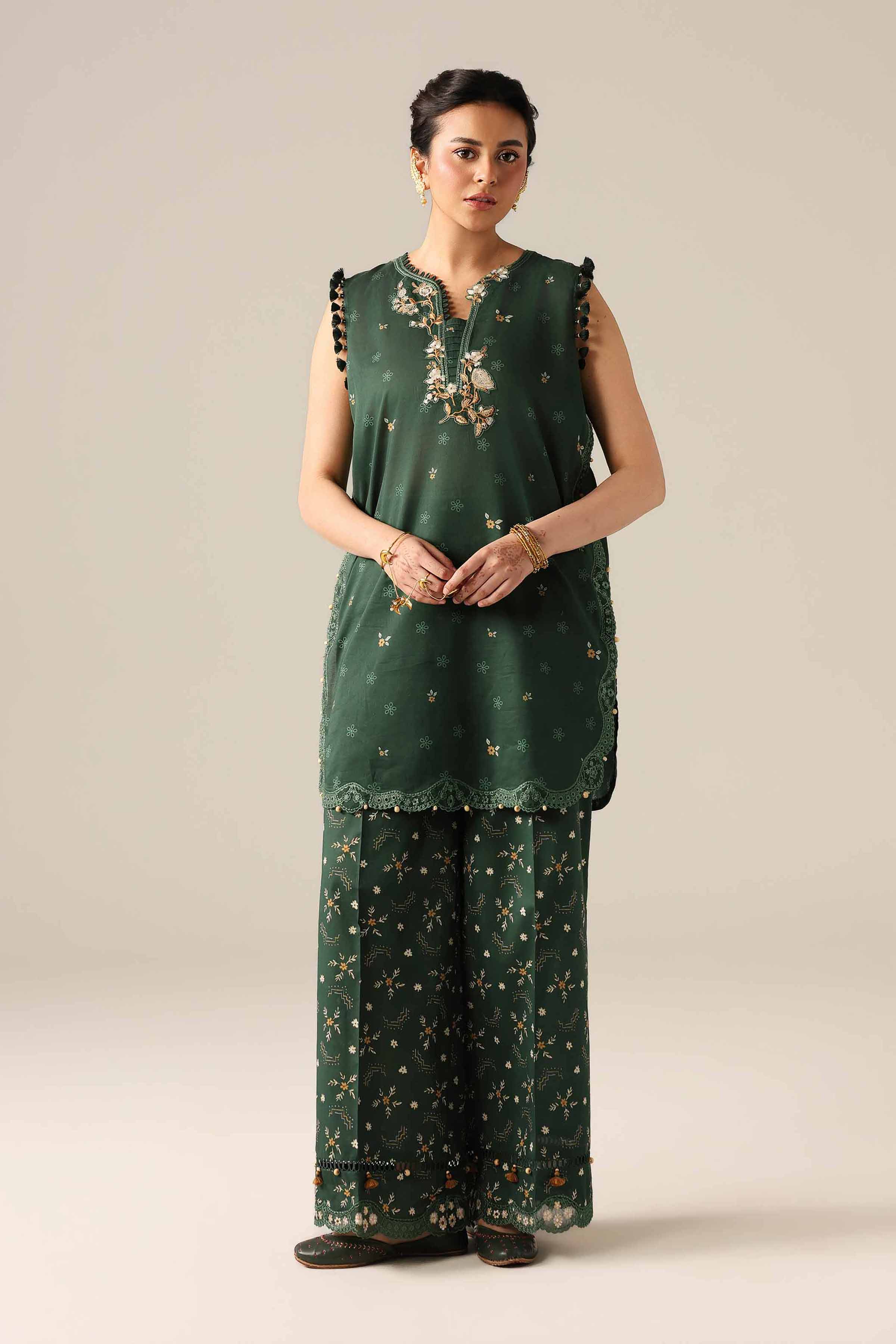 2 Piece - Printed Embroidered Suit - 42601665 Green Lawn 2PC Embroidered
