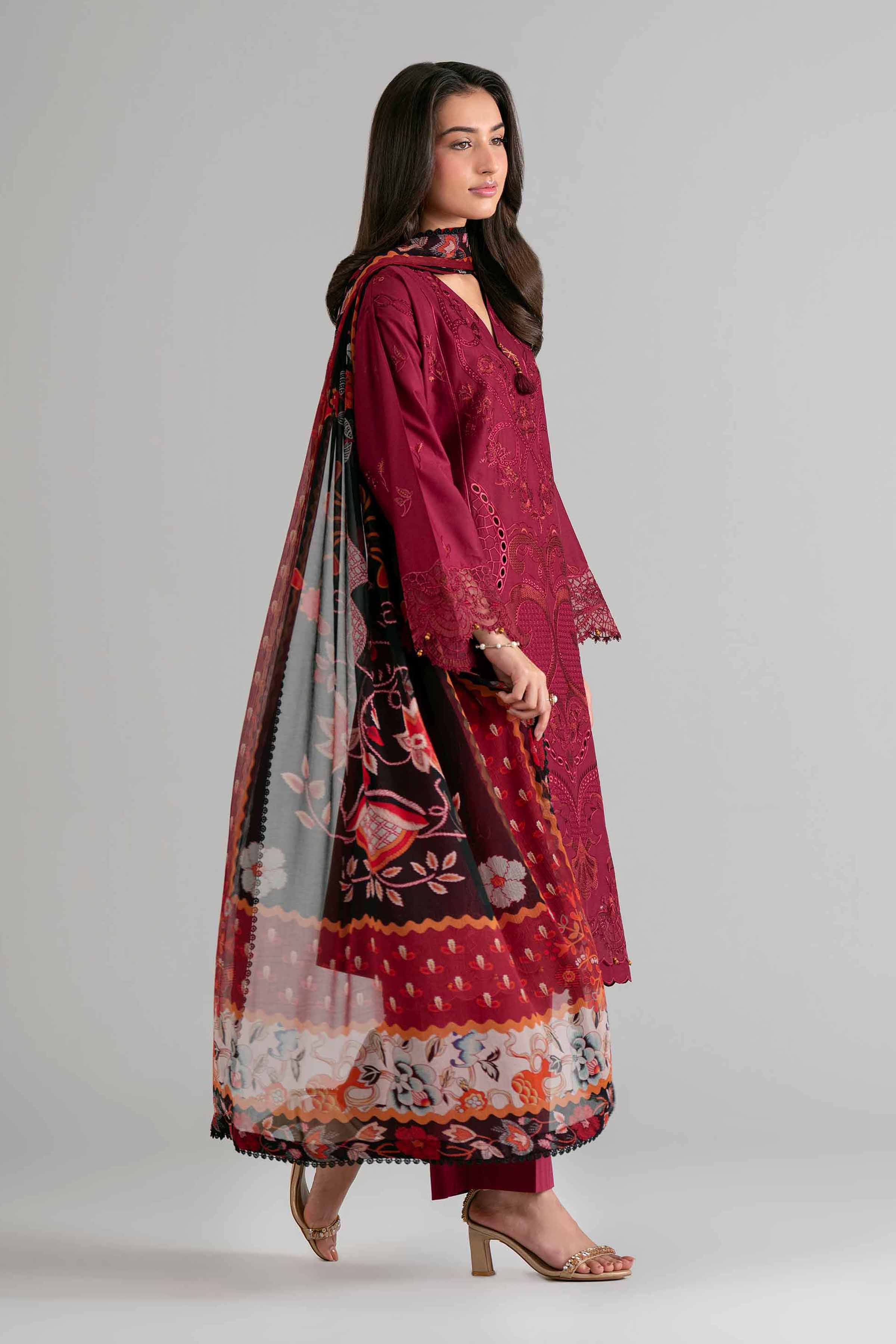 3 Piece - Digital Printed Embroidered Suit - 42601694 Maroon Lawn 3PC Embroidered