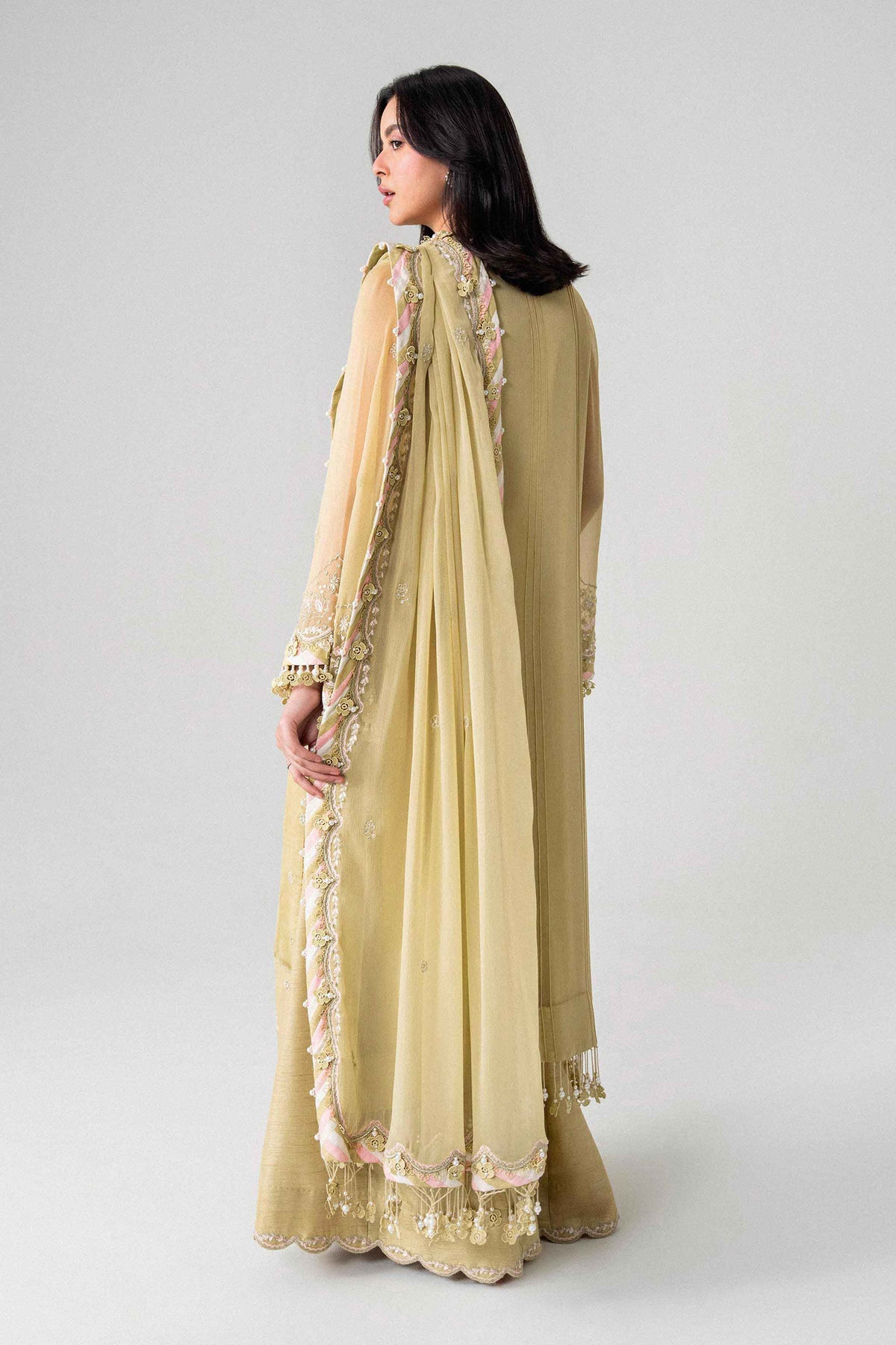 Yellow 3-Piece Embroidered Suit in Chiffon unstitched