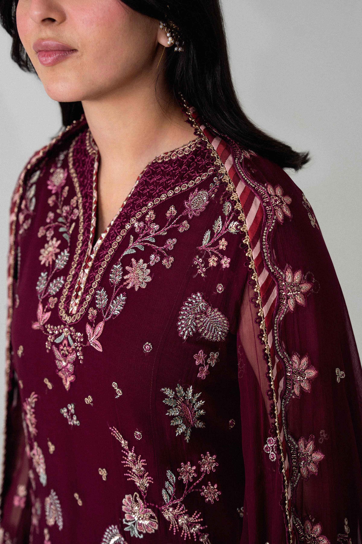 Maroon 3-Piece Embroidered Suit in Chiffon unstitched