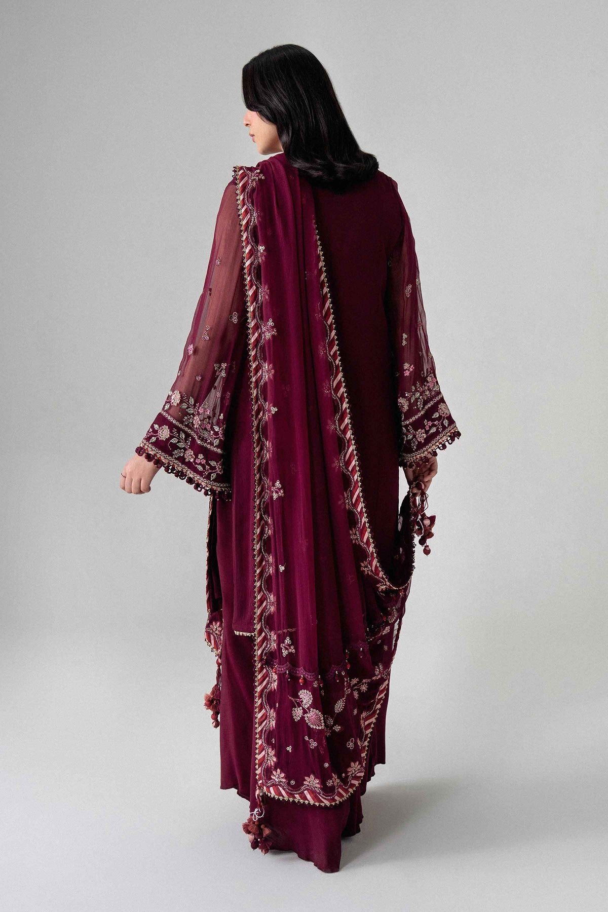 Maroon 3-Piece Embroidered Suit in Chiffon unstitched