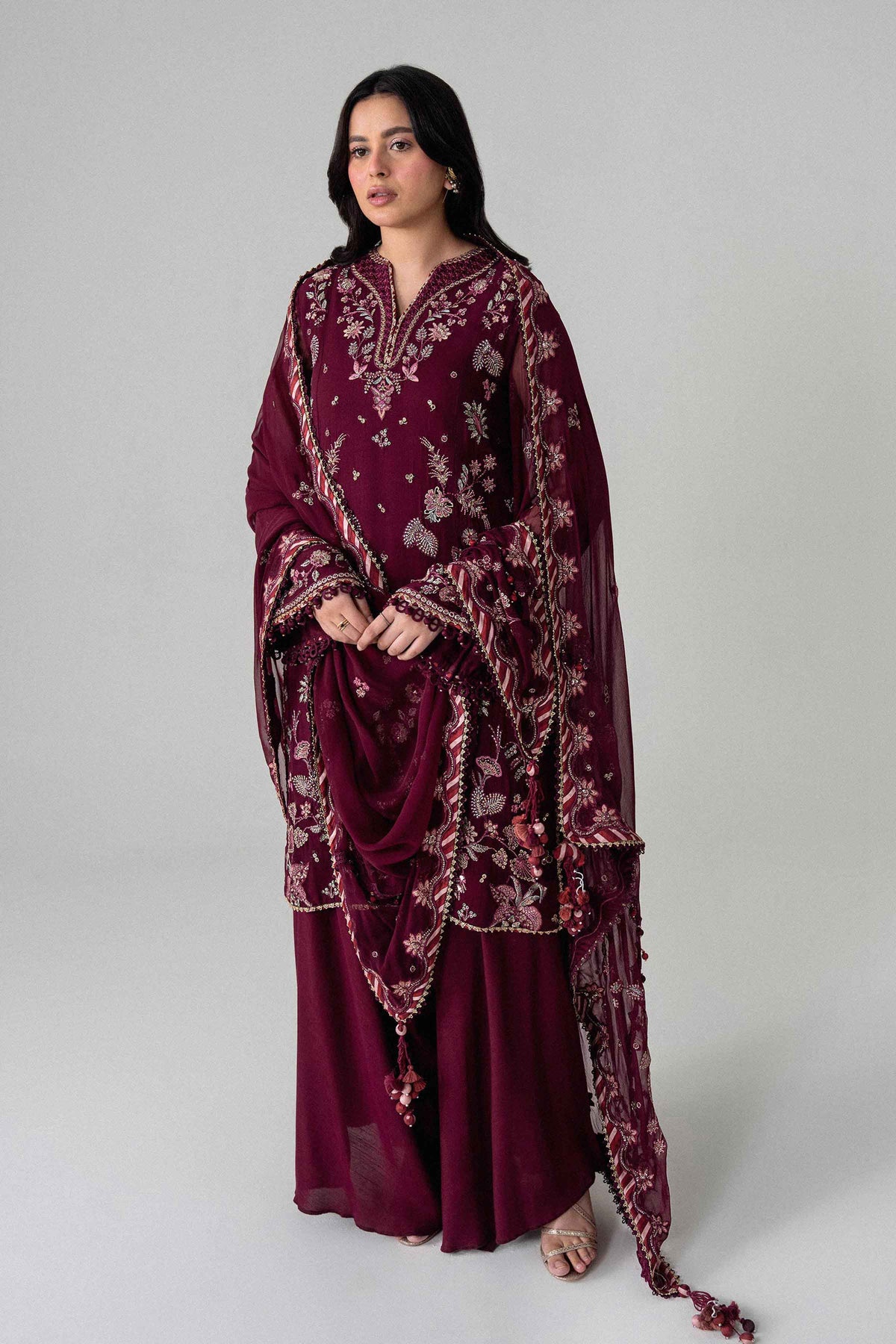 Maroon 3-Piece Embroidered Suit in Chiffon unstitched